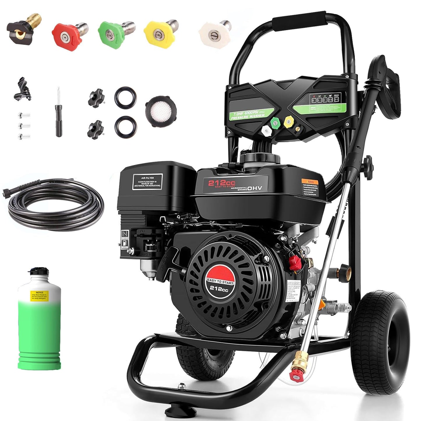 4200PSI Gas Pressure Washer, 2.8GPM Commercial Power Washer Gas Powered, 212cc 7.0 HP Engine,Includes 0.7L Soap Tank,5 QC Nozzles,25’ Hose,Car Wash Machine/Car/Driveway, EPA/CARB/ETLCompliant (Black)