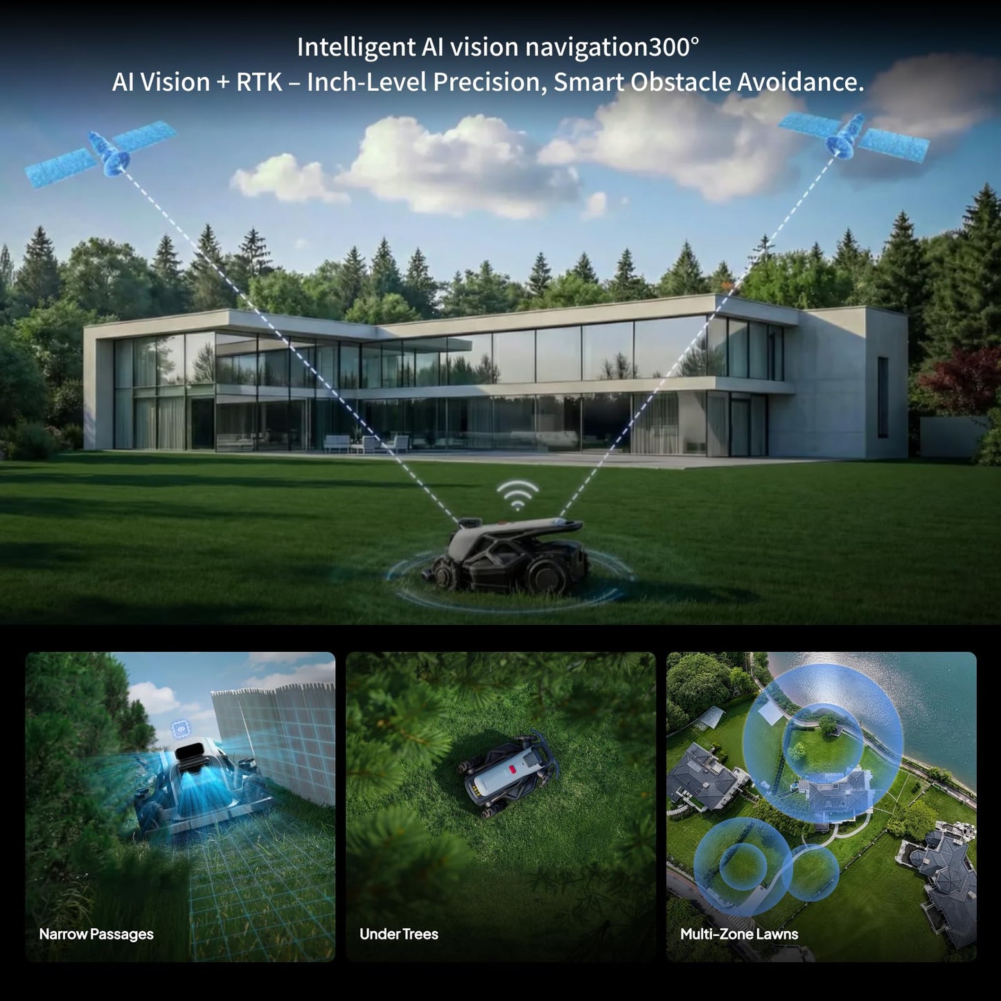 AIRSEEKERS TRON Robot Lawn Mower 1 Acres, NRTK + 5 Vision Wire-Free Robotic Lawnmowe,AI Obstacle Avoidance, No Perimeter Wire,App Control,Automatic MAPE,65% Slope, All-Terrain Mowing,IPX6 Waterproof