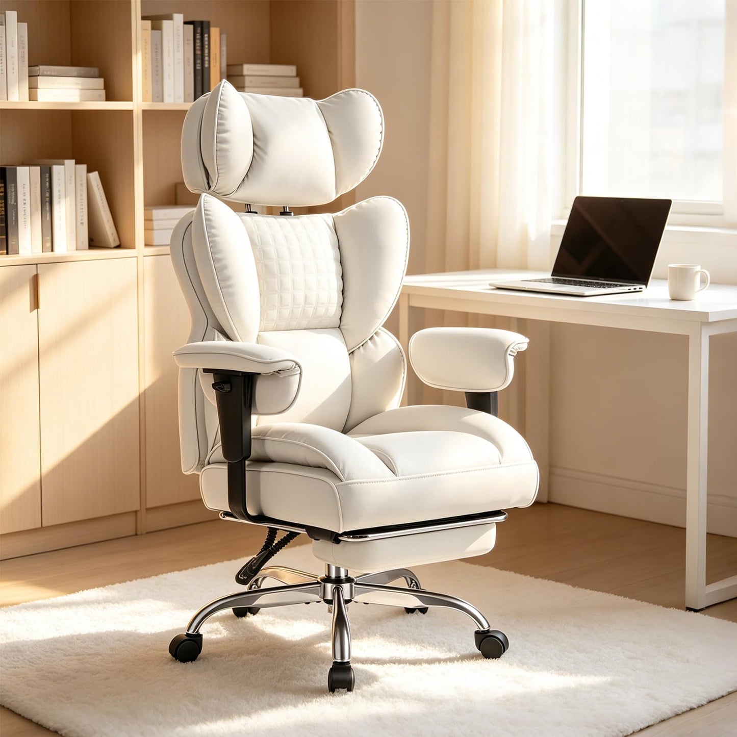 Big and Tall Office Chair 350 LBS, Scratch-Resistant PU Leather Executive Office Desk Chair with Footrest, Ergonomic Reclining Computer Chair with Pocket Spring Support for Home Office, Beige