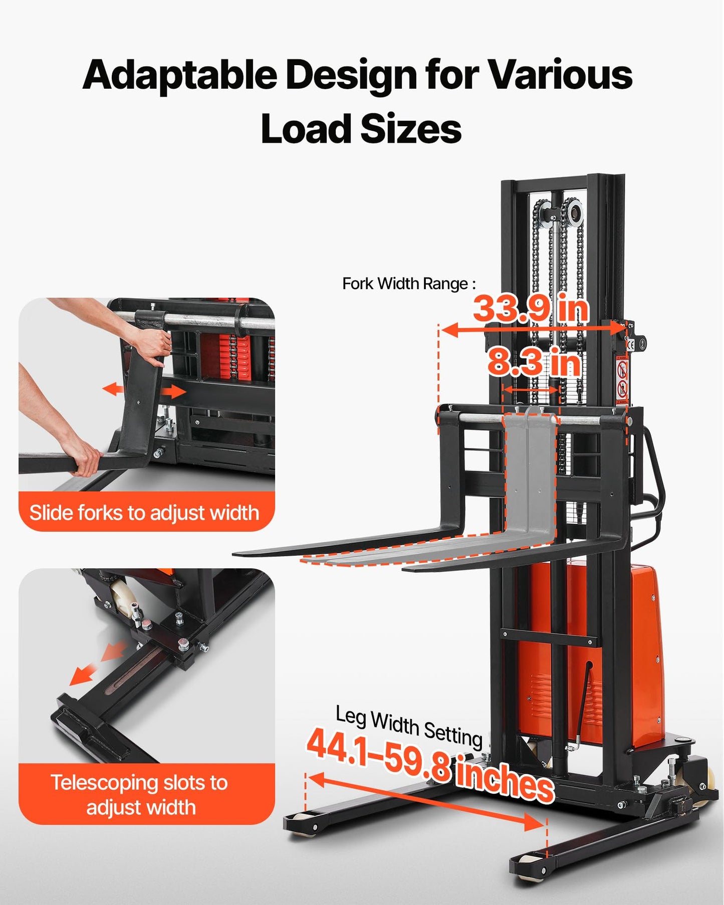 VEVOR Semi Electric Pallet Stacker, 3300 lbs Capacity, 98.42'' Lifting Height, Pallet Lift Stacker Forklift with Straddle Legs & Forks, 8.66-31.1 Inches Adjustable Fork Width, Orange & Black