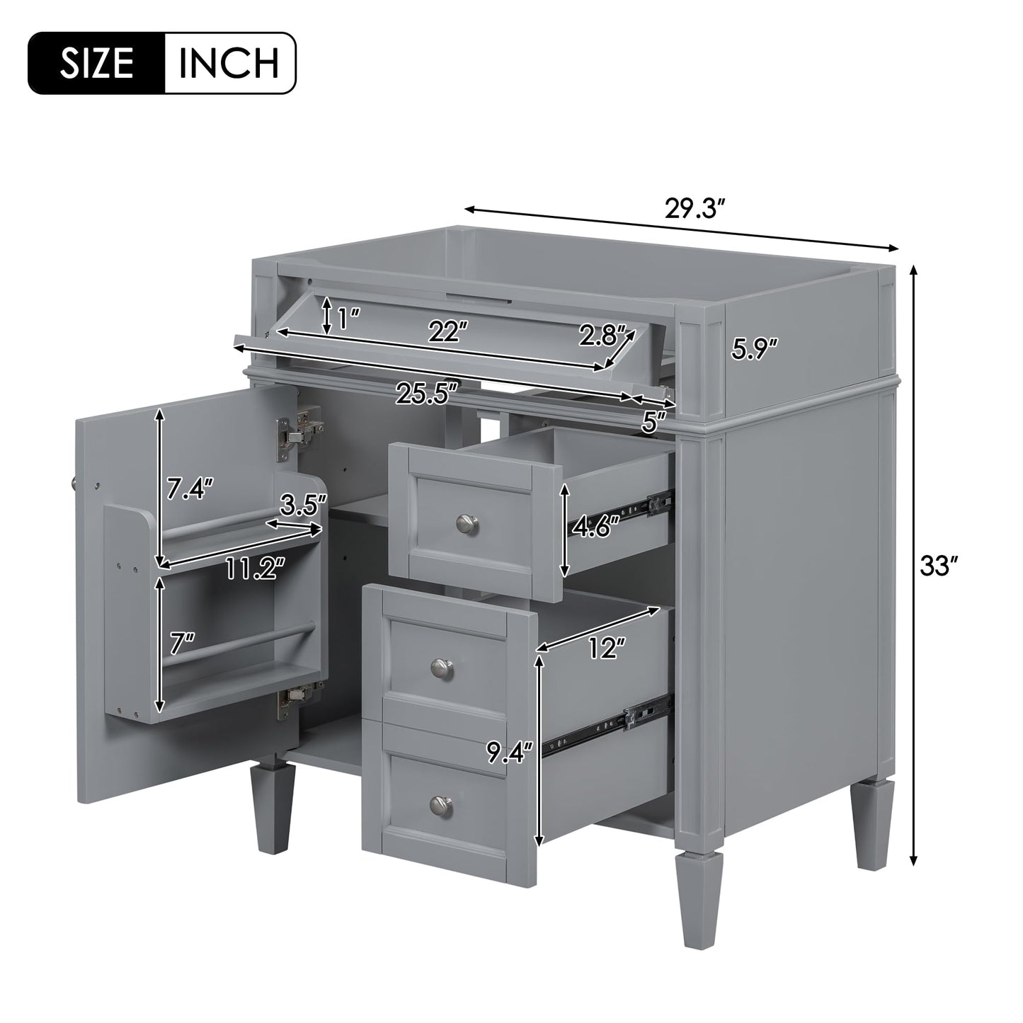 Favfurish 30" Bathroom Vanity Without Top Sink,Modern Freestanding Bath Storage Cabinet with 2 Soft-Close Drawers and Tip-Out Tray & Cabinet Door Organizer,Adjustable Shelf,Easy Assembly,Grey