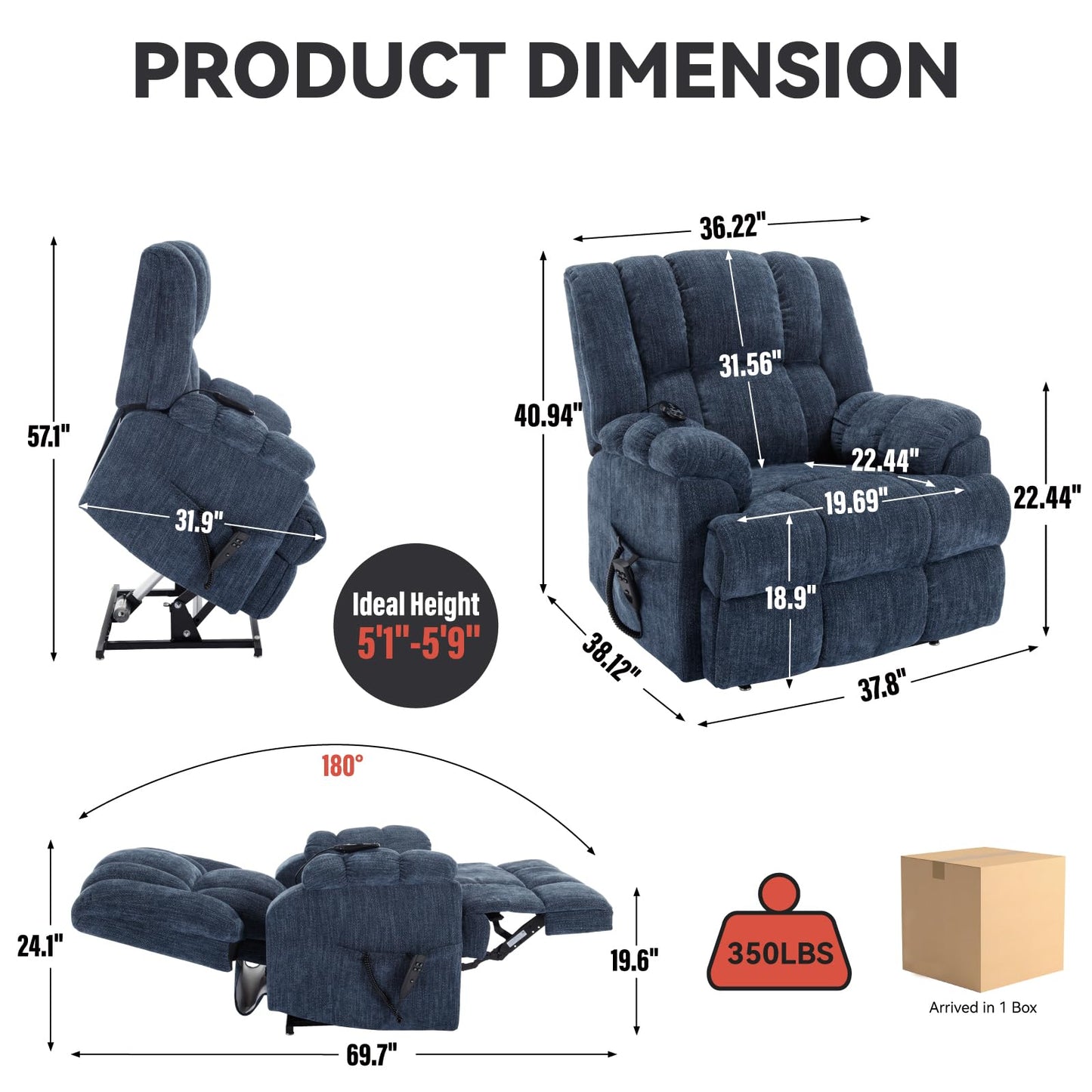 GDFStudio Dual Motor Power Lift Recliner Chair with Massage and Lumbar Heat, Heavy Duty Electric Reclining Chair with Remote Control, Supports Up to 350 LBS, Blue