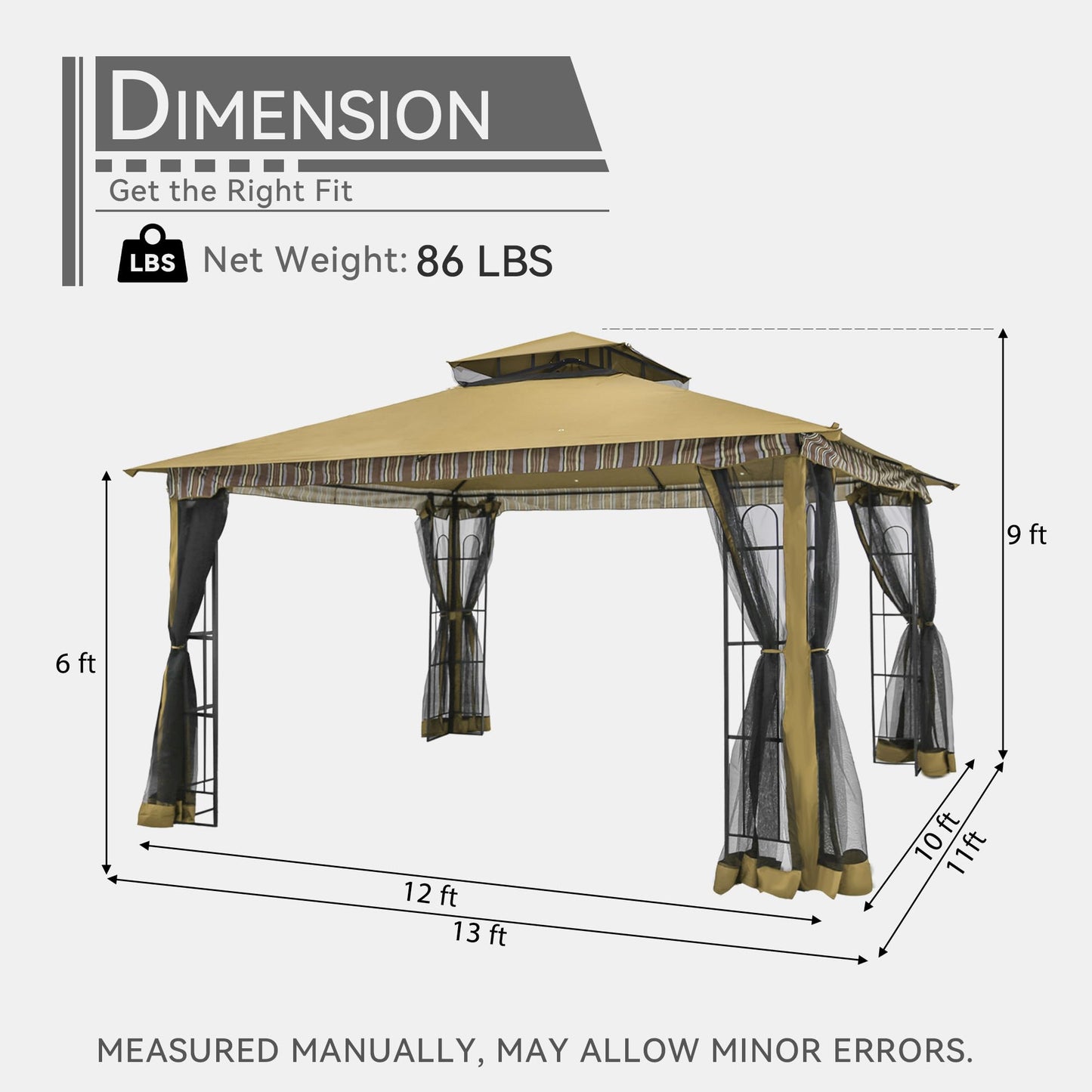 Gardenbee 13x11 Ft Canopy Gazebo with Netting, Double Roof Canopy Shelter with Frame for Outdoors, Patio/Deck/Garden/Yard/Poolside, Dark Beige