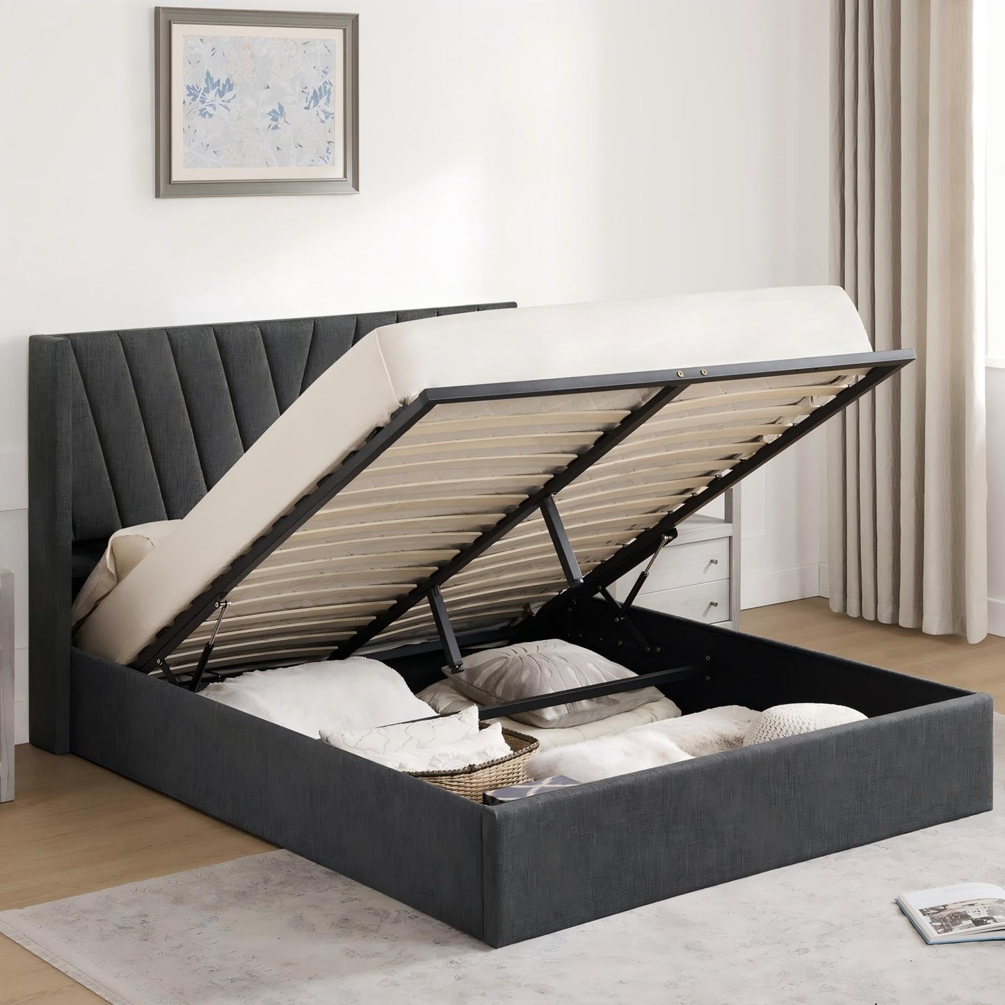 KISLOT Queen Size Lift Up Storage Bed Frame, Modern Hydraulic Support Platform Bed Wingback Velvet Headboard Sturdy Wooden Slat Support No Box Spring Needed