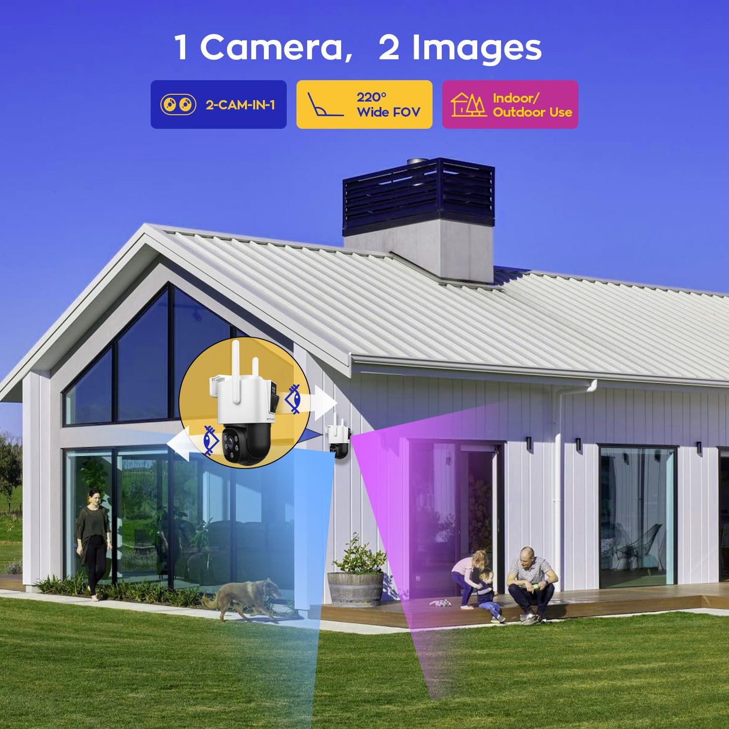 xmartO 4 Dual-Lens Wireless Camera Kit, 8-View WiFi6 Mesh Long Range Security System, 16CH 4K Dual Band NVR, 4MP 180° Static FOV & 360°PTZ AI Tracking, 24/7 Plug-in, 500GB HDD, No Monthly Fee