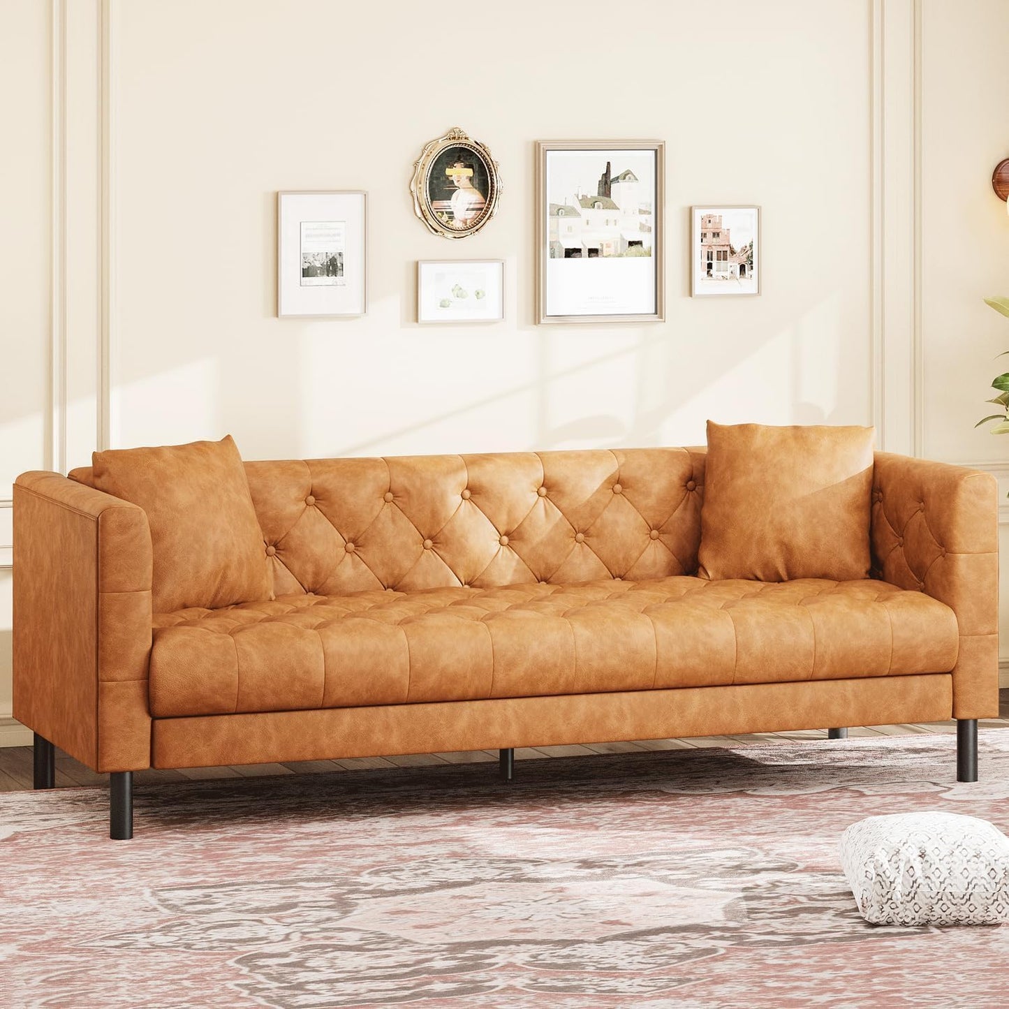 GarveeHome 81" Leather Couch for Living Room, Chesterfield Sofa with Deep Seat, Handmade Button Tufted 3 Seater Sofa, Modern Leather Sofa for Apartment, or Office, Cognac Tan