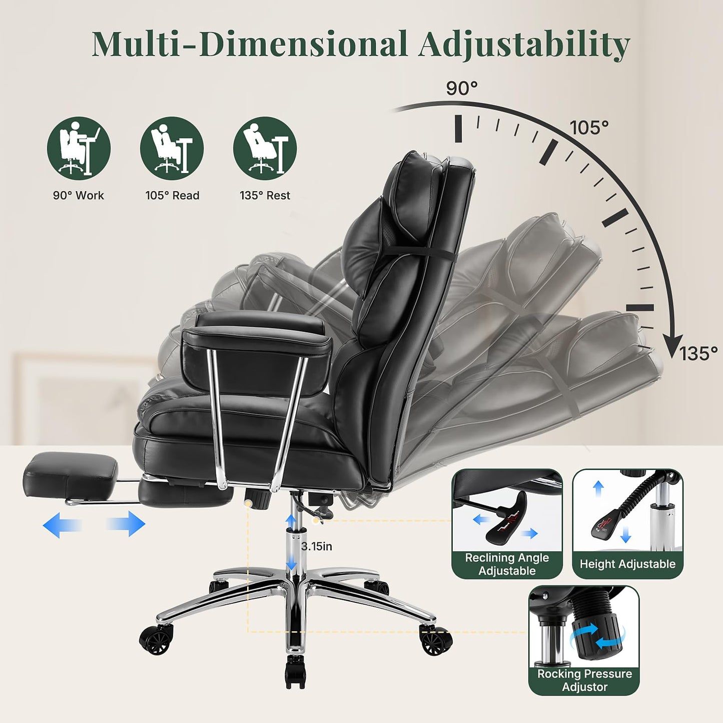 HAPPYMONT Executive Ergonomic Office Chair, PU Leather High Back Reclining Office Chair with Footrest and Lumbar Support, Height Adjustable Rolling Swivel Computer Chair for Home Office,Black