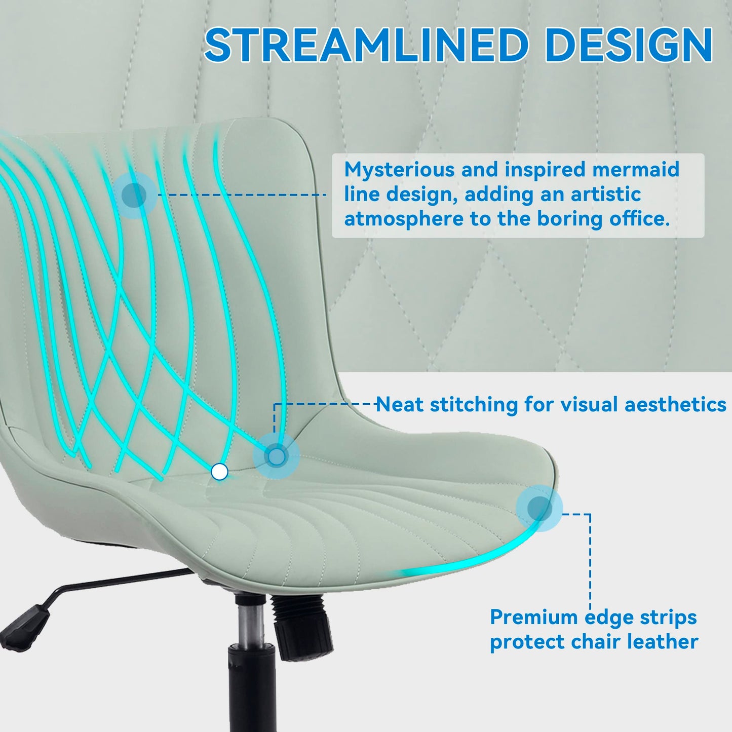 YOUNIKE Office Chair, Armless Desk Chair with Wheels, Home Office Computer Task Chairs, Modern Faux Leather Padded Vanity Chair, Adjustable Swivel Rolling Office Chair with Back, Mint Seafoam Green