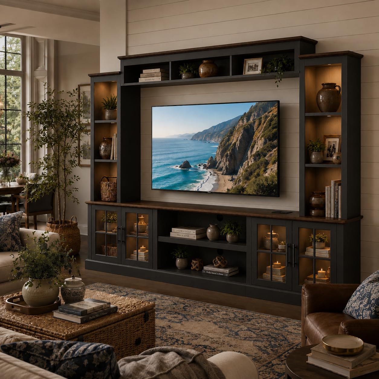 Nordivale Black Farmhouse TV Stand, Entertainment Center, 98" Wall Unit Media Console with Bookshelf, Cabinet & Power Outlets & Barn Doors, Fits TVs Up to 75” for Living Room