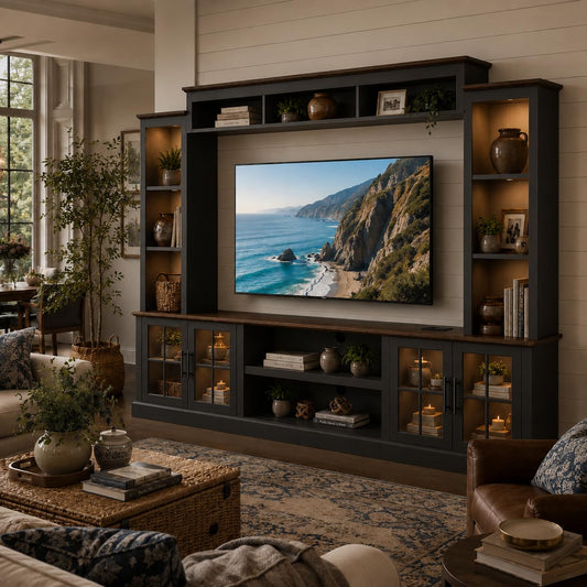 Nordivale Black Farmhouse TV Stand, Entertainment Center, 98" Wall Unit Media Console with Bookshelf, Cabinet & Power Outlets & Barn Doors, Fits TVs Up to 75” for Living Room