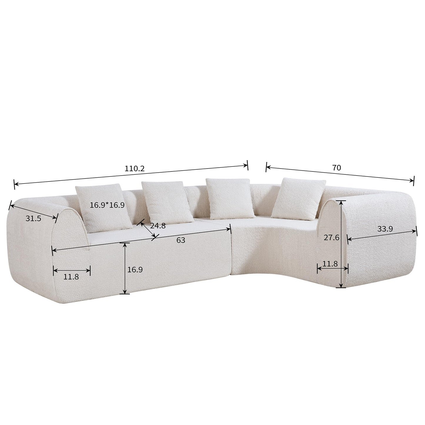 Christopher Knight Home Reiss 110" Curved Modular Sectional Sofa, Comfy Sofa Couch with Chaise Lounge, Modern Cloud Couch with Deep Seat, Fabric Upholstered Set for Living Room Bedroom, Almond