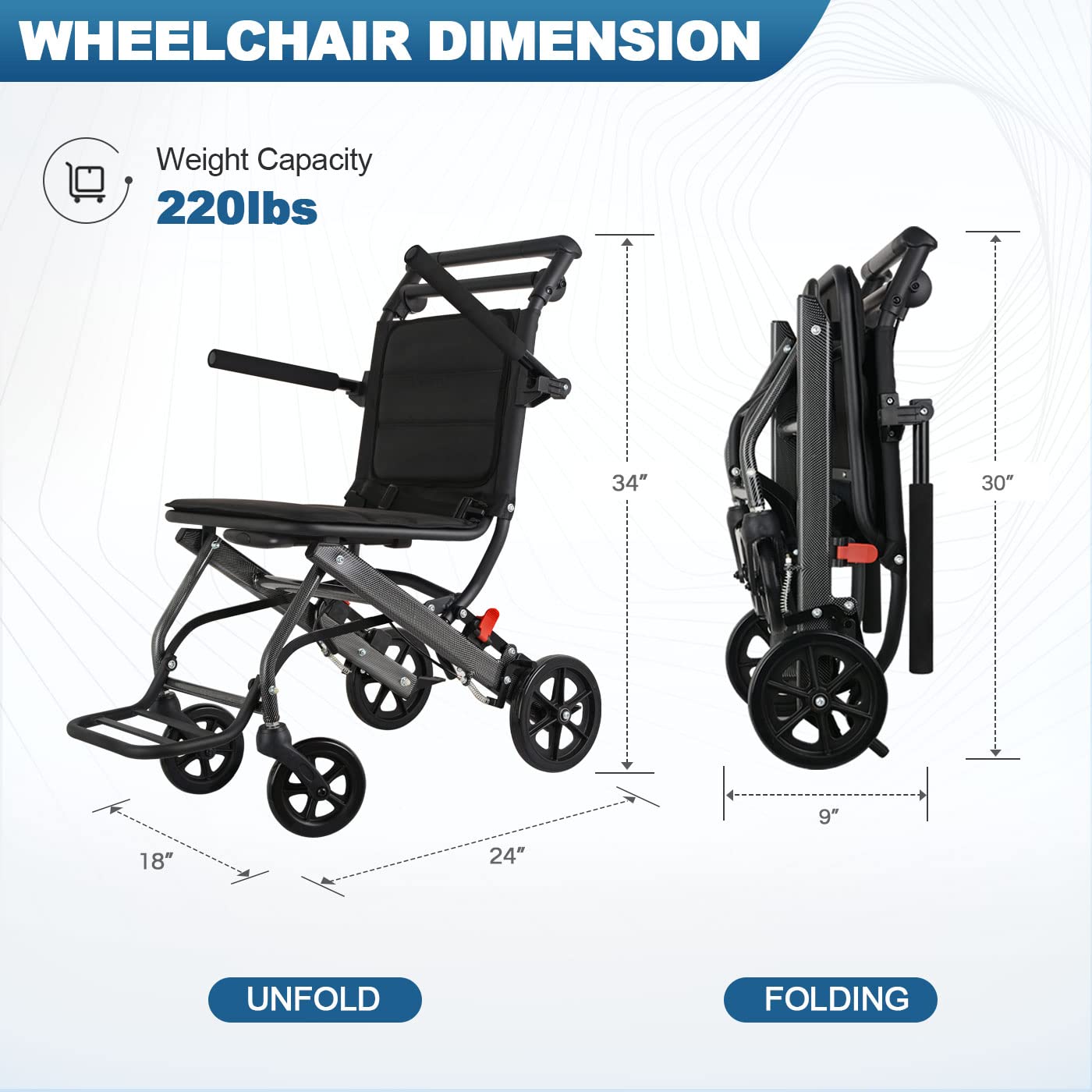 Only 15lbs Transport Wheelchairs, with Telescopic Handle, Carry Bag Include, Travel Wheelchairs for Adults Lightweight Foldable,Ultra Lightweight Folding Wheelchair, Support 220lbs