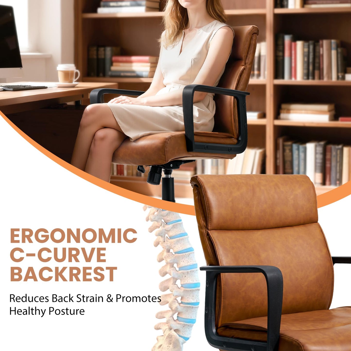 Artswish Brown Leather Office Chair, Mid-Back Ergonomic Computer Chair with Wheels Arms, 360° Swivel Adjustable Task Chair with Rolling Casters for Home Office, Bedroom, Study