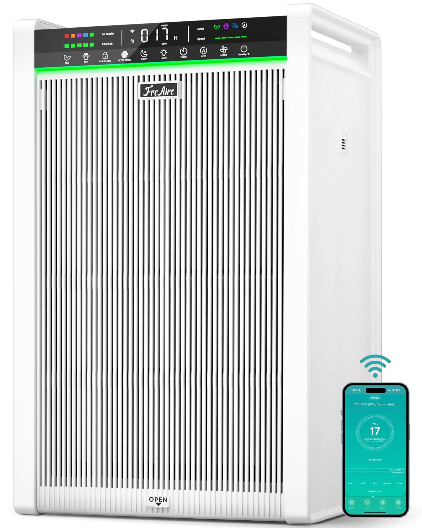 FreAire Air Purifiers for Home Large Room Up to 3,850 Ft², HEPA Air Purifier with Smart APP Control, Large PM2.5 Display, Auto Pet ECO Modes & Washable Pre-Filter, Removes PoIIen Pet Dander Smoke
