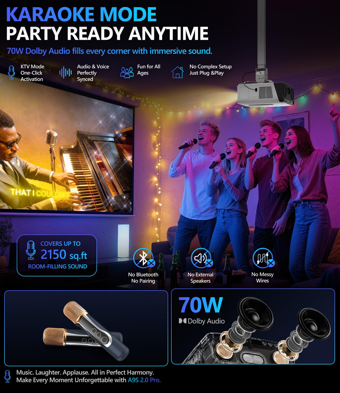 4K Smart Projector with Google TV & Netflix, 2500 ANSI Daylight Home Theater Projector, 70W Dolby Audio, TV Replacement Projector with 2 Wireless Mics, Family Karaoke, ToF Laser Auto Focus, HDMI ARC