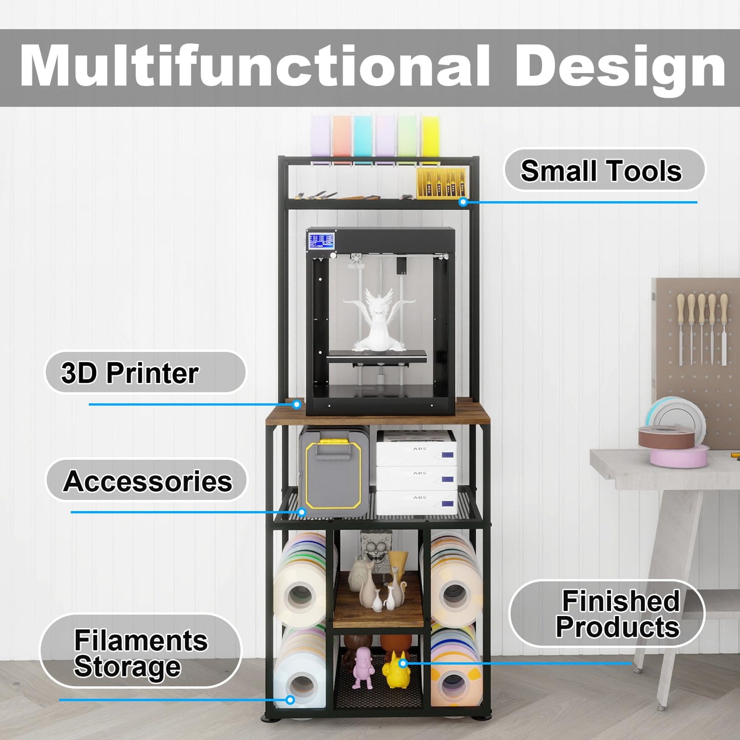 PUNCIA 3-Tier Heavy Duty 3D Printer Stand with Filament Storage Rack – Sturdy Organizer for PLA ABS PETG Spools, Compatible with FDM SLA Resin Printers, Durable Shelf for Home Studio Workshop Makers