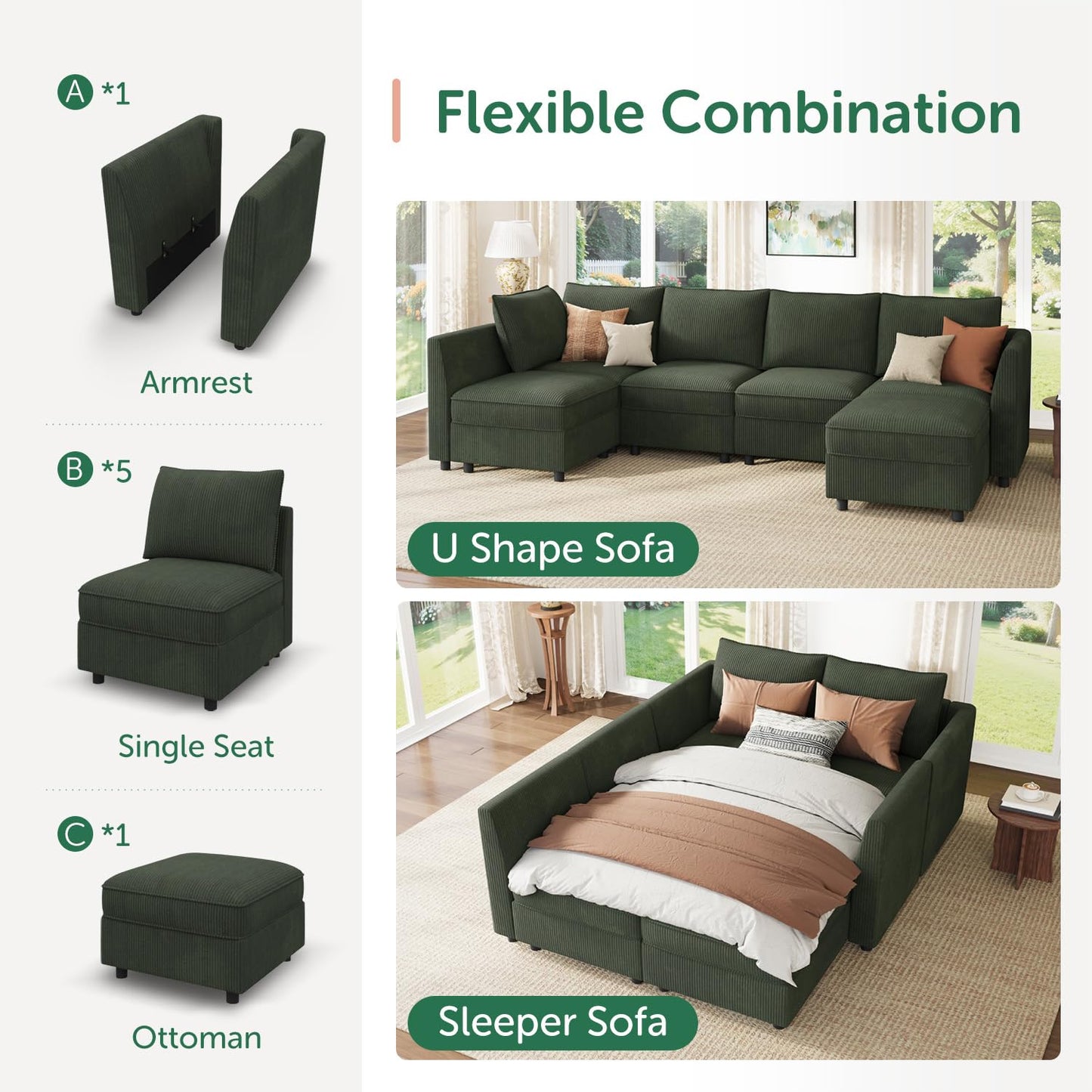 HONBAY Modular Sectional Sleeper Sofa Green Couch L Shaped Sectional Sofa with Storage, Convertible Couches for Living Room - Green