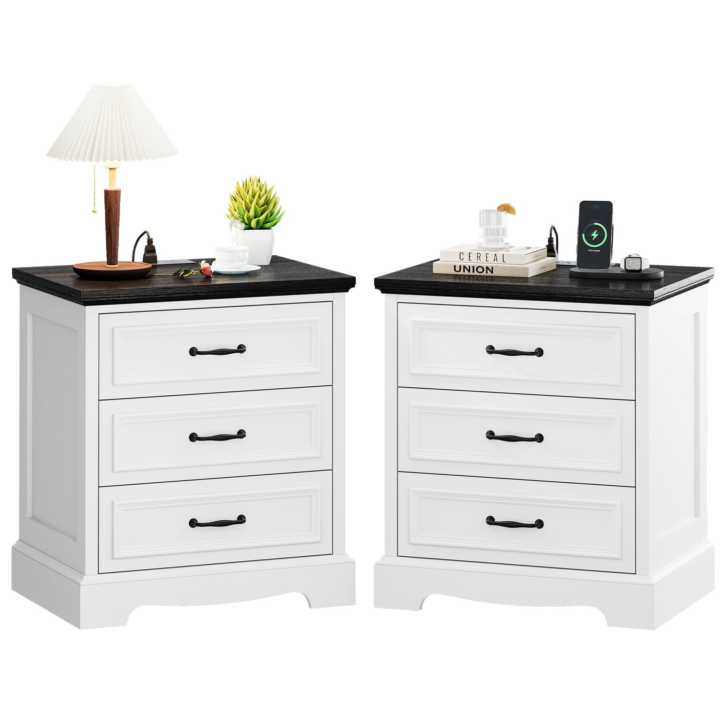 Farmhouse Nightstand Set of 2, Wood Night Stand with 3 Drawers and Charging Station Modern Bedside Table for Bedroom End Side Table Storage Cabinet Small 6 Drawers Dresser (2)