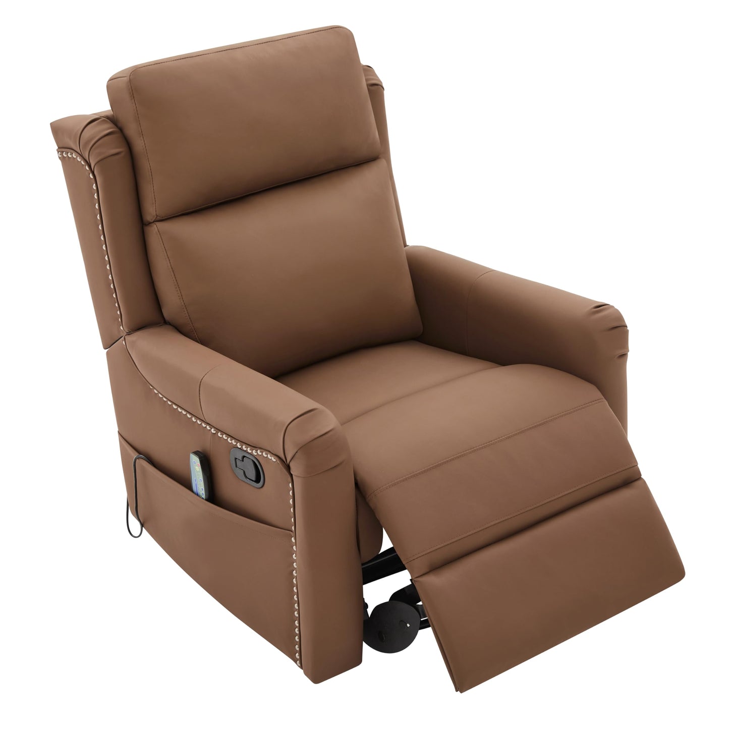 Merax Modern Manual Recliner Chair with Massage & Heat, 270° Swivel Rocking Chair, PU Leather Upholstered Home Theater Recliner with Storage Pocket, Adjustable Backrest for Living Room, Brown