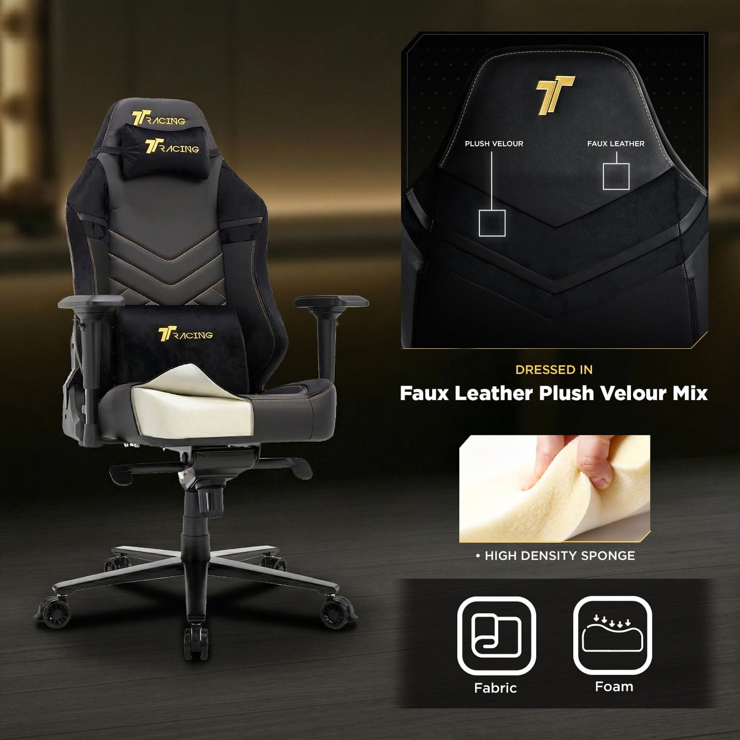 TTRACING Maxx Ergonomic Gaming Chair - Big and Tall PC Computer Desk Chair for Adults, 440 lbs Heavy Duty Aluminum Base, 4D Armrests, 155 Degree Recline, PU Faux Leather and Velour, Royal Black