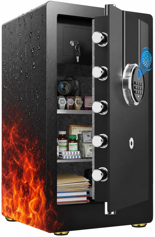 9.0 Cuft Large Fireproof Waterproof Safe for Home, 1800°F Fire Protection for 30 Minutes, 85 LBS Heavy Duty Biometric Safe with Fingerprint Keypad Lock, Anti-Theft Alarm for Documents and Valuables