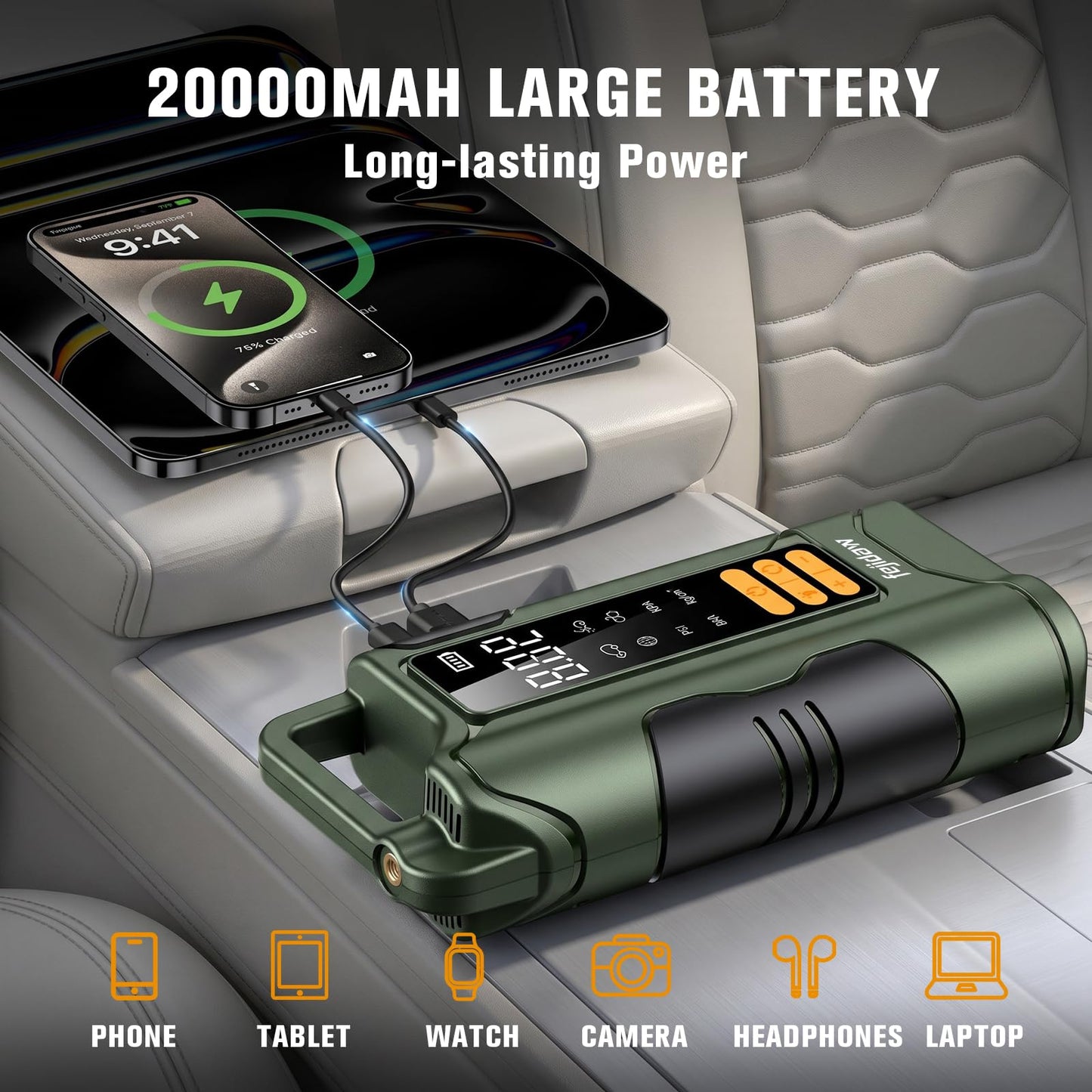Jump Starter with Air Compressor,6000A Car Battery Jumper Starter, 20000mAh Battery Jumper Starter Portable for 10L Gas/Diesel Engine with 160PSI Booster,LED Display & Light,Jumper Cables