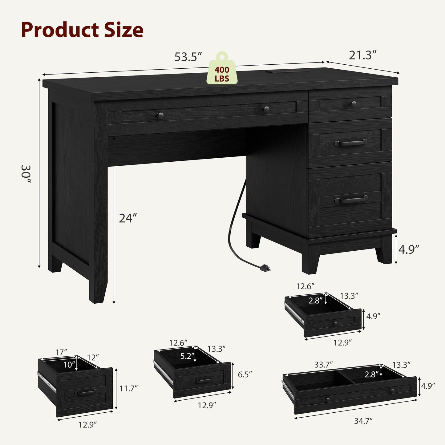IDEALHOUSE 53.5" Farmhouse Computer Desk with Charging Station, Rustic Black Home Office Executive Desk, Wooden Workstation with File Cabinet Storage Drawers for Writing & Study, Rustic Black