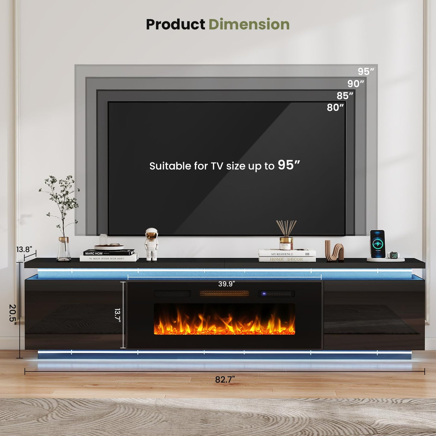 Lamtor Fireplace TV-Stand with 40" Fireplace - 2 LED Light TV-Stand for 90 95 inch TVs - Entertainment Center with 4 AC Power Outlets - 2 Tier TV Consoles Stand for Living Room, Black