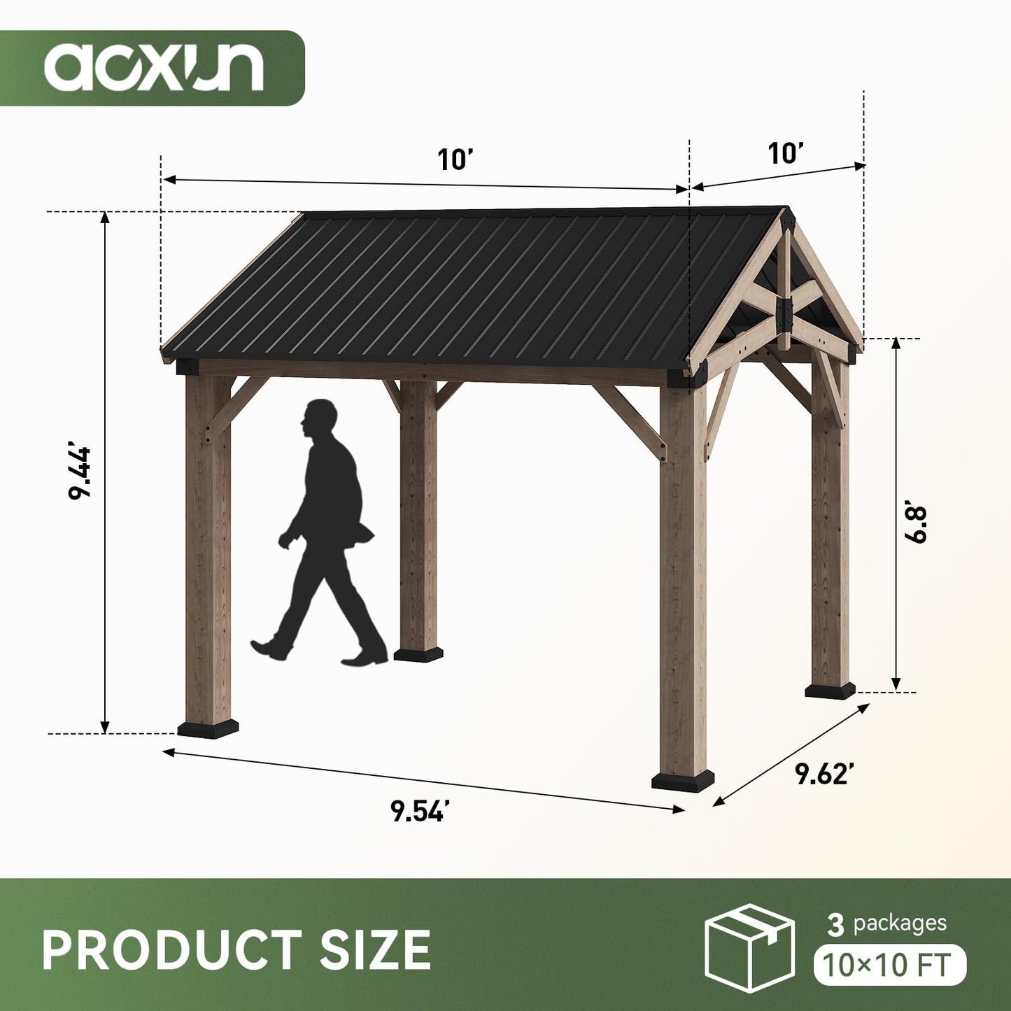 Aoxun 10' x 10' Outdoor Wood Gazebo, Hardtop Gazebo Permanent Wooden Pavilion with Galvanized Steel Gable Roof, for Patio, Garden, Backyard, Cedar Wood