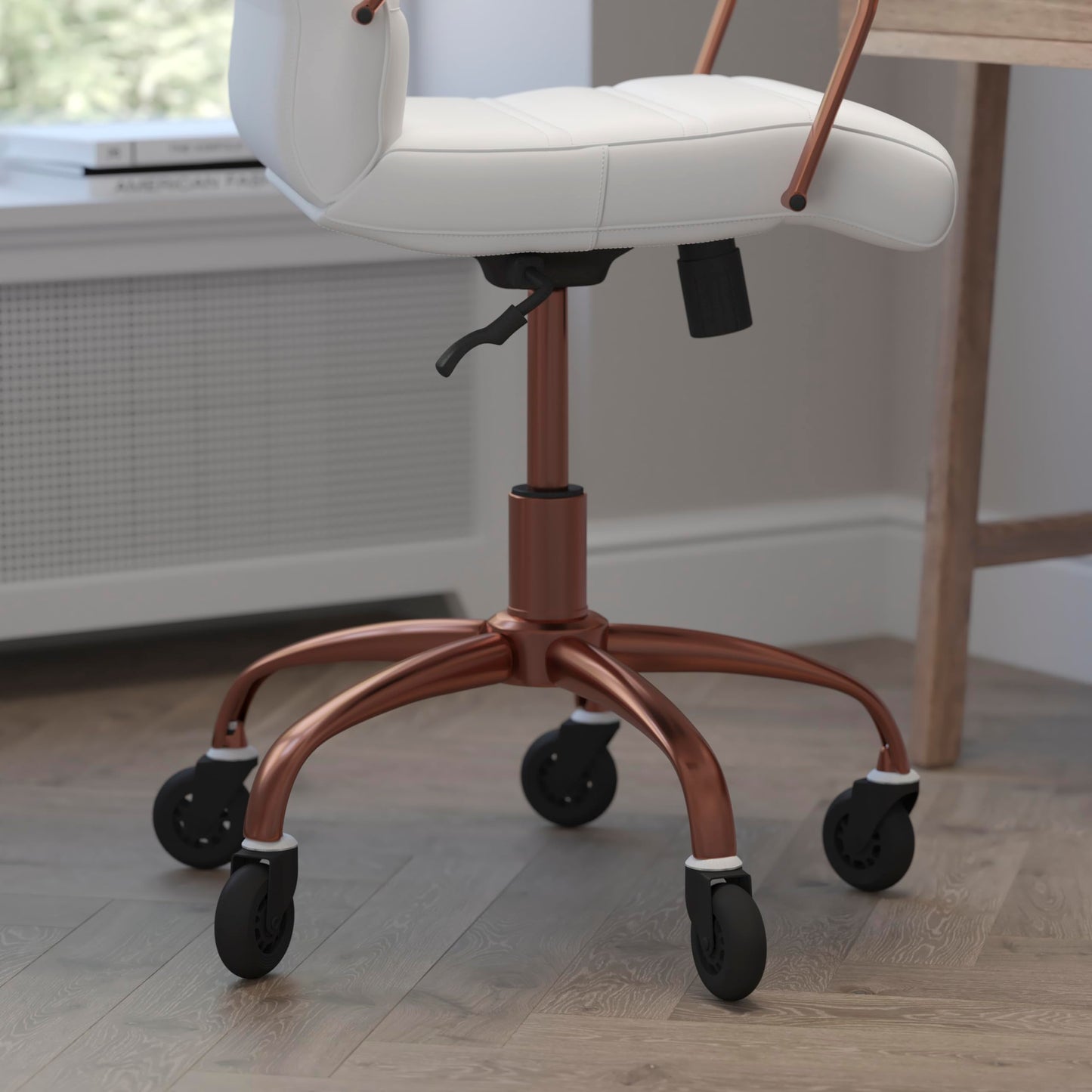 Flash Furniture Camilia Mid-Back White LeatherSoft Executive Swivel Office Chair with Rose Gold Frame, Arms, and Transparent Roller Wheels