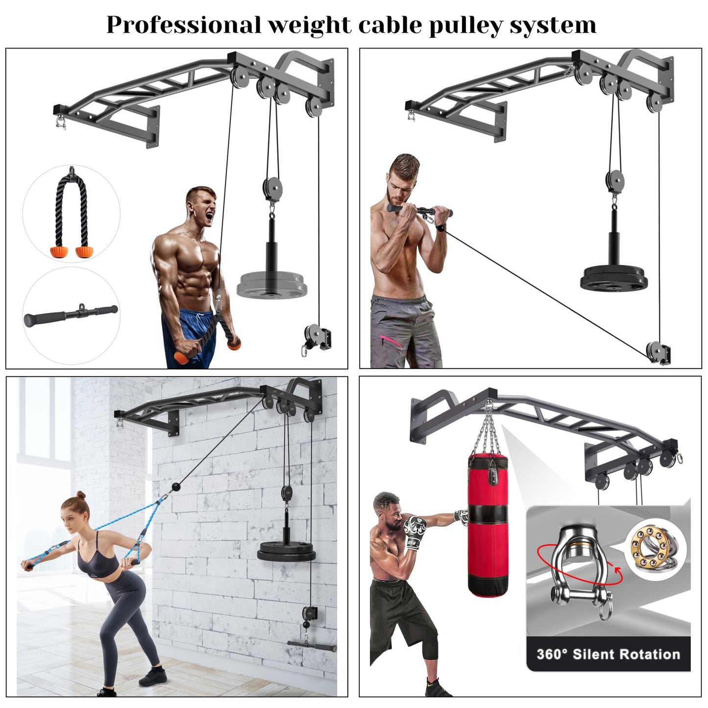 SELEWARE 48'' Heavy Duty Pull Up Bar Wall Mount Multi-function Chin up Bar with Home Gym Cable Pulley System LAT Pulldown Workout Attachments Heavy Bag Hanger