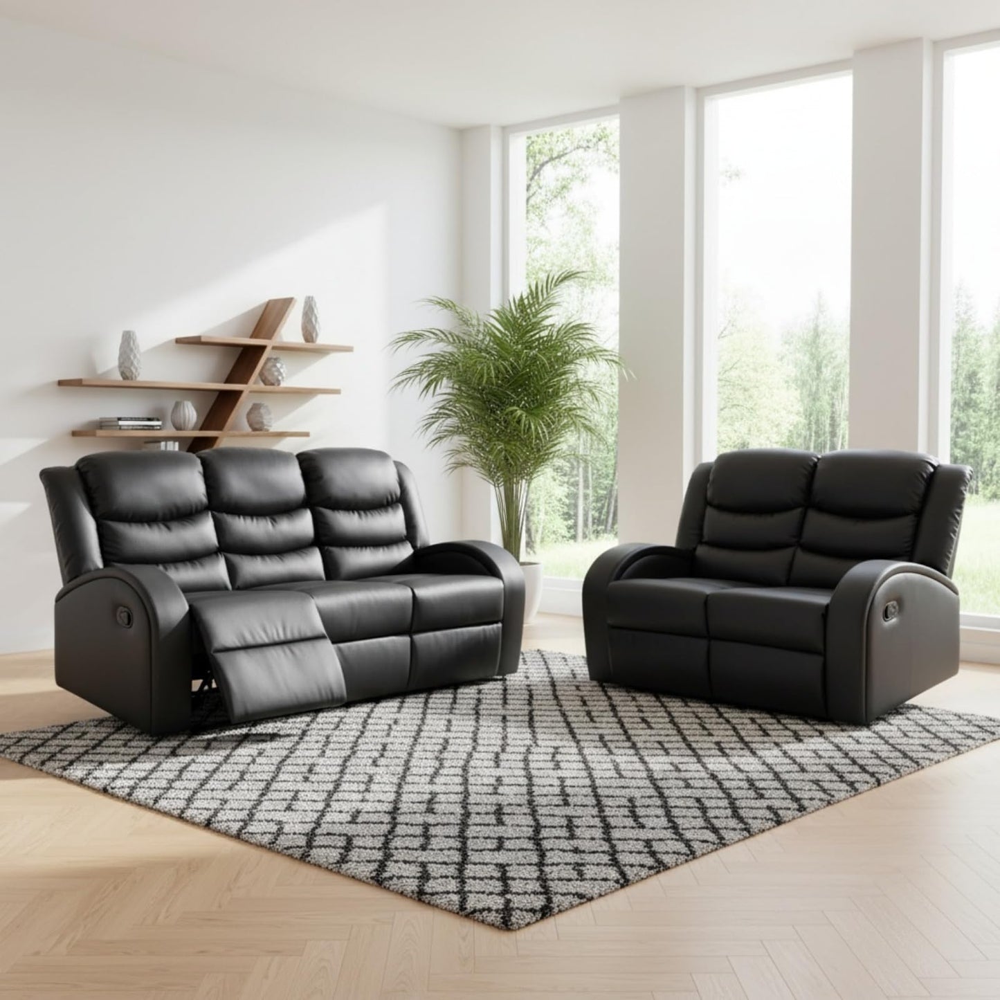 Trygoal Manual Recliner Sofa Set, Leather Reclining Living Room Furniture Set, Adjustable Backrest Reclining Loveseat Sofa and a 3 Seater Couch Furniture Set for Living Room, Home Theater, Black