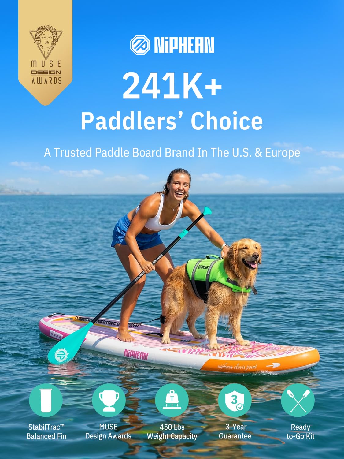 Niphean Inflatable Stand Up Paddle Board with Stabiltrac Fin Design and SUP Accessories, Anti-Slip EVA Deck, 10’6’’ Inflatable Paddle Boards for Adults & Youth of All Skill Levels
