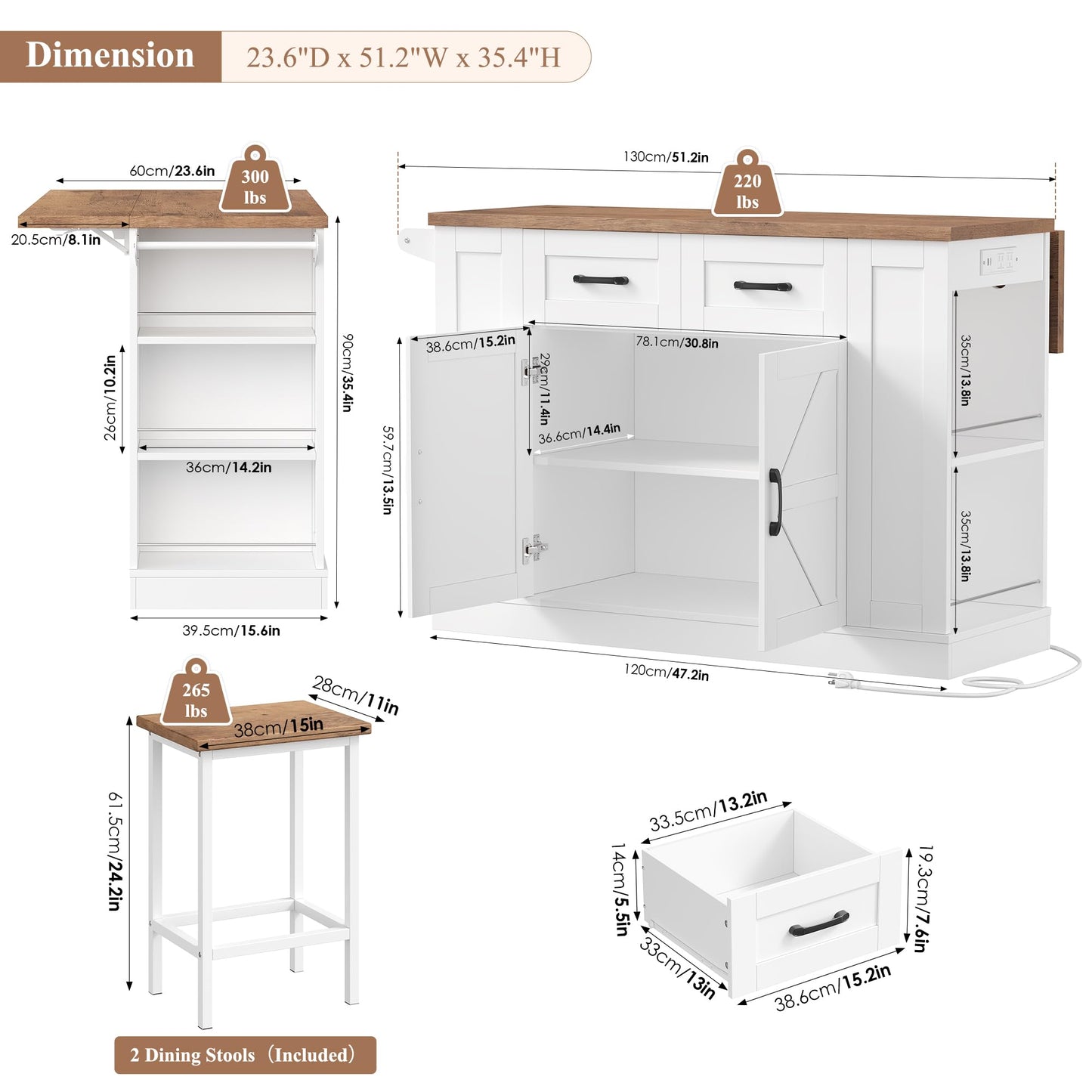 Keyluv Kitchen Storage Island with 2 Stools, 51.2” Mobile Kitchen Cart with Drop Leaf & Power Outlet, Rolling Island Table Dining Room Buffet with 2 Drawers & Side Storage Rack &Towel Rack, White
