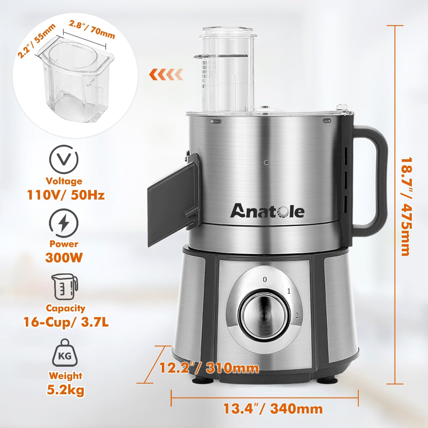 Anatole Electric Vegetable Dicer Slicer Shredder 5 in 1 Commercial Food Processor 16-Cup Stainless Steel Veggie Chopper Heavy Duty with 5 Blades Auto Discharge for Potato Onion Carrot 300W