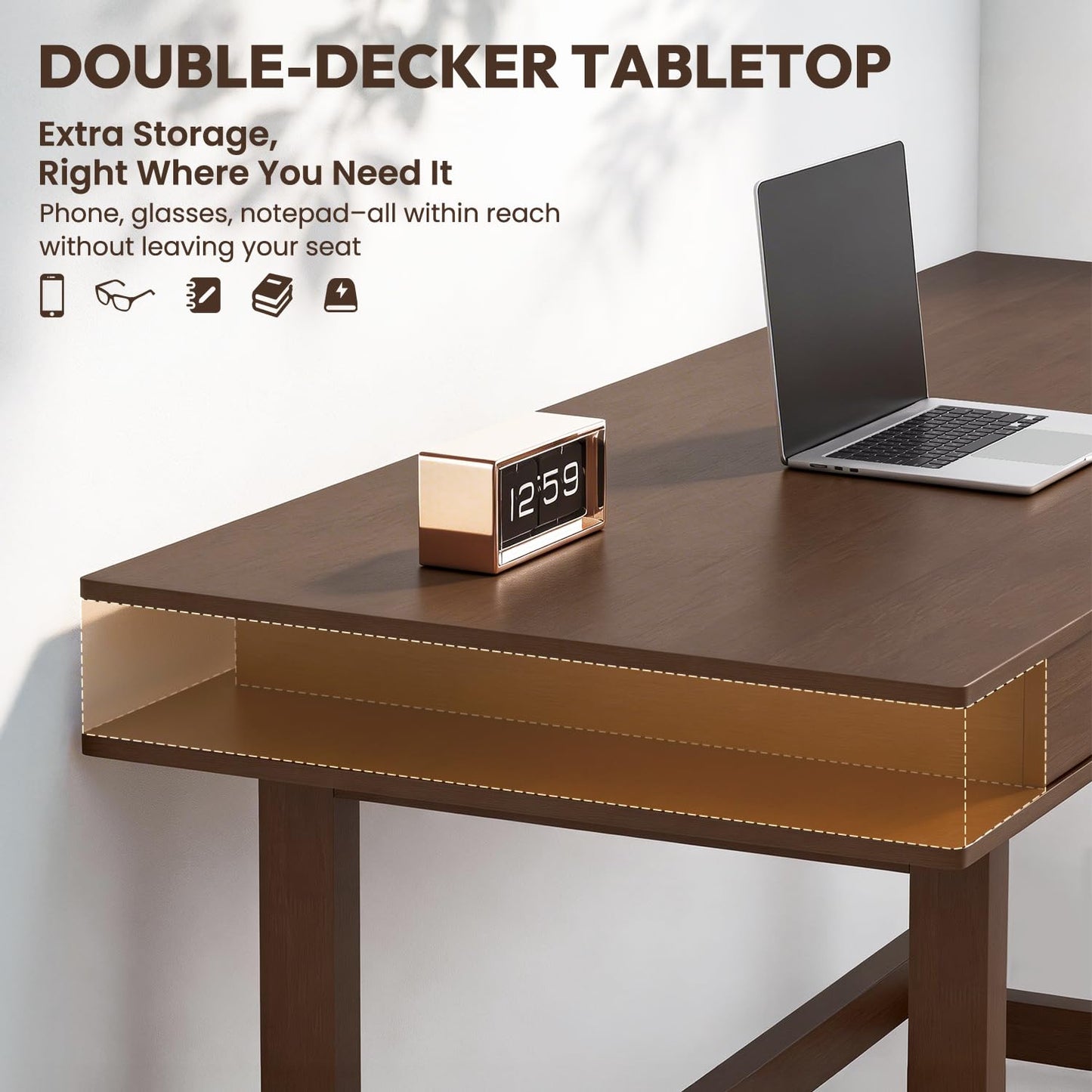 ELEVAQ Double-Top Solid Wood Desk - 60-Inch Mid-Century Modern Writing Table with Drawers for Home Office, Study, and Creation, Rubberwood Computer Desk in Black Walnut