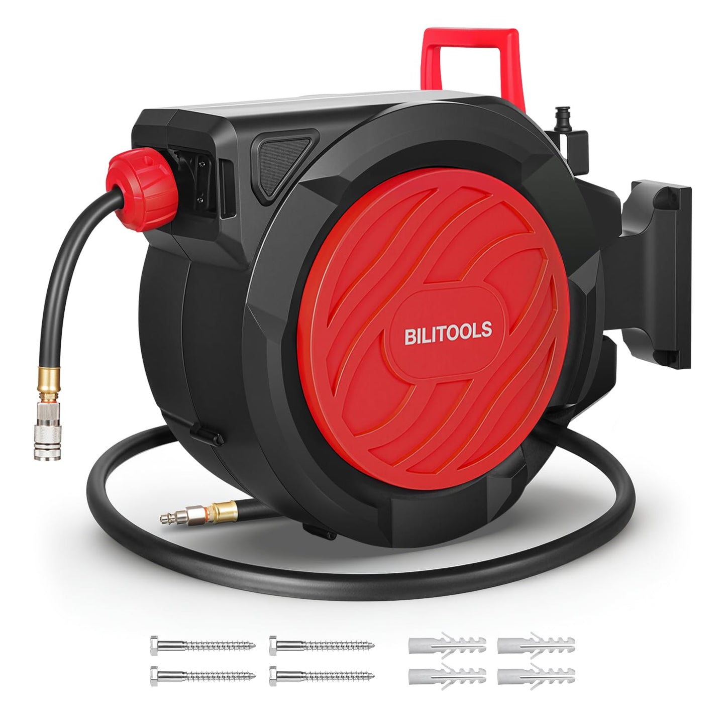 BILITOOLS Retractable Air Hose Reel, 3/8" x 100 ft Hybrid Air Hose Max 300PSI, Enclosed Air Compressor Hose Reel with Auto Rewind & 6.5 ft Lead-In Hose, 180° Swivel Wall/Ceiling Mount