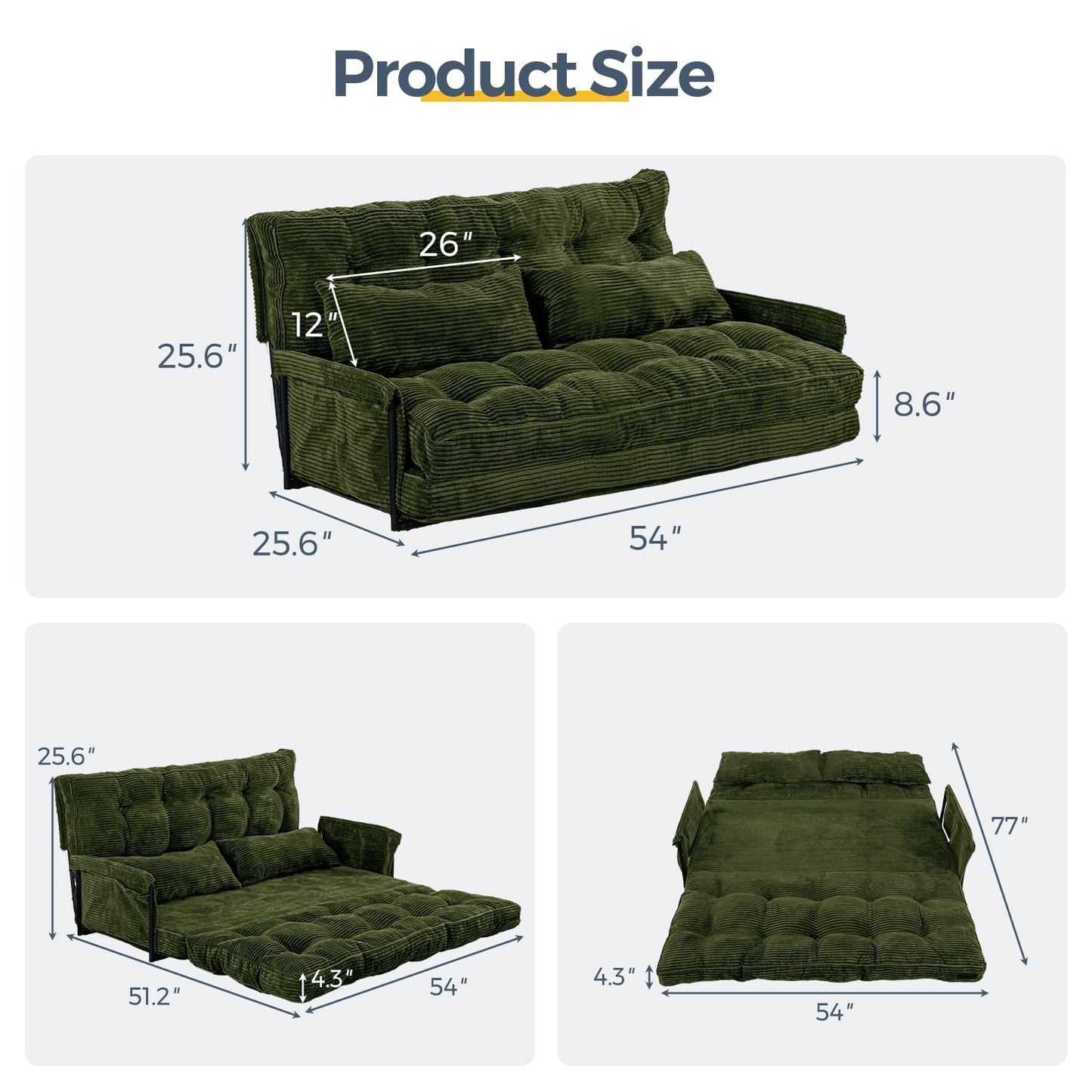 MAXYOYO Adjustable Floor Sofa Couch with 2 Pillows, Multi-Functional Bean Bag Bed, 5-Position Foldable Lazy Sofa Bed with Armrest, Versatile Floor Seating for Reading, Dark Green, Double
