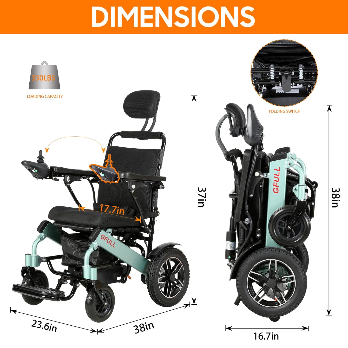 Reclining Electric Wheelchair, 20Miles w/Bag Electric Wheelchairs for Adults, 17.7in Aluminum Lightweight Foldable All Terrain Motorized Wheelchair for Senior, Portable Folding Power Wheelchairs