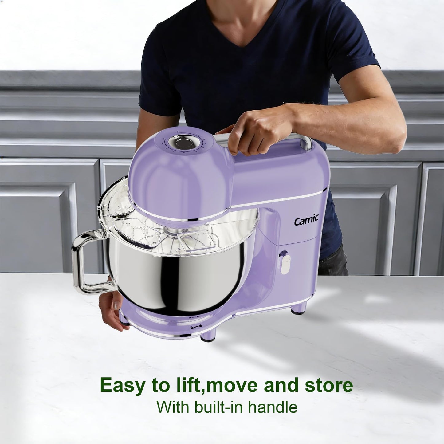 Camic Electric Stand Mixer,7.45 QT,10 Speeds with Dough Hook,Whisk, Flat Beater Attachments, Splash Guard, Easy-Carry Top Handle,3-IN-1 Kitchen Mixer for Baking Cakes Cookie Bread Salad (Purple)