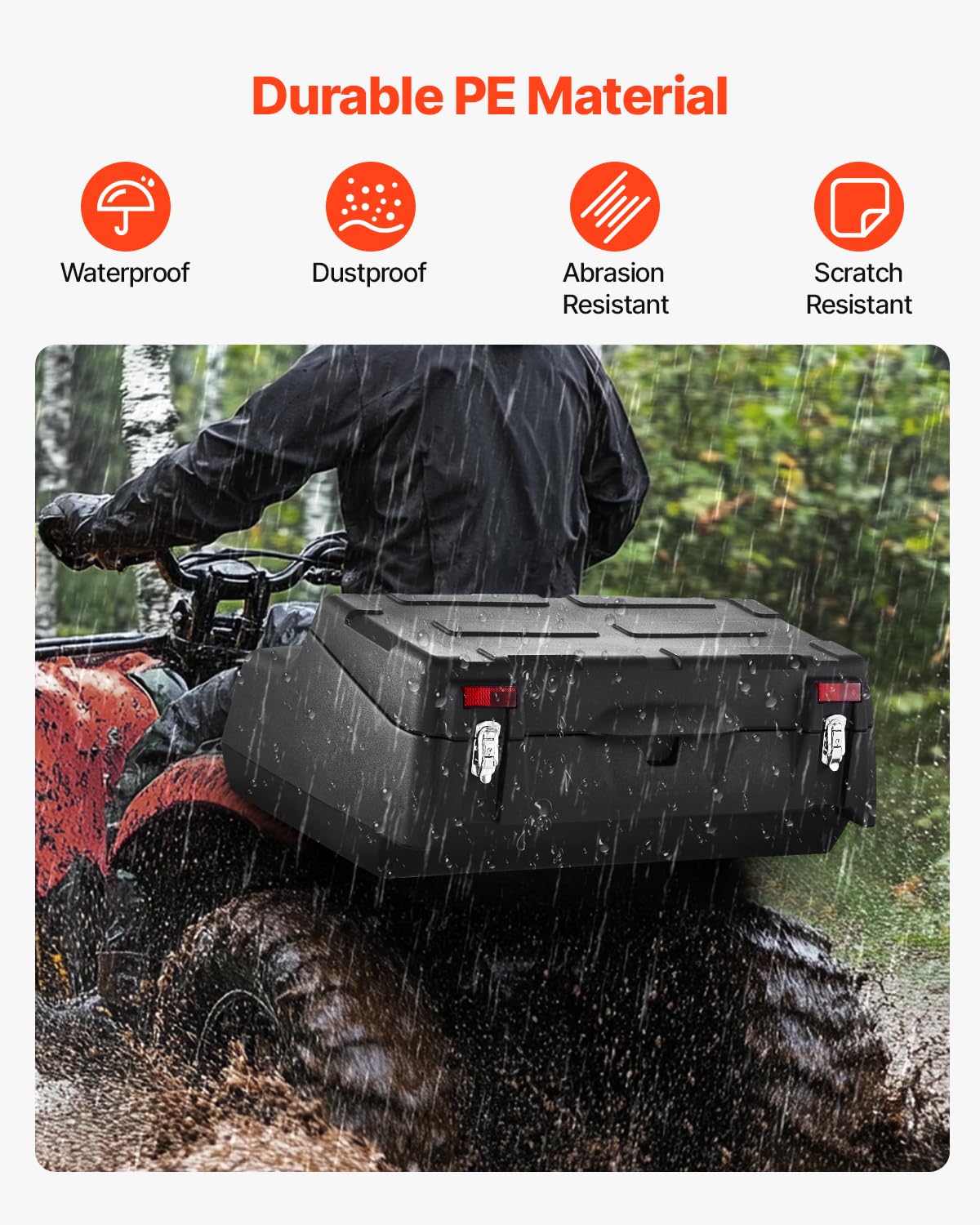 VEVOR ATV Rear Storage Box, 95L ATV Rear Cargo Box with Padded Backrest, Waterproof LLDPE and Lockable Gear Storage Box Fit Most ATVs with Rear Rack, Compatible with ATV, UTV, Can-Am Vehicles