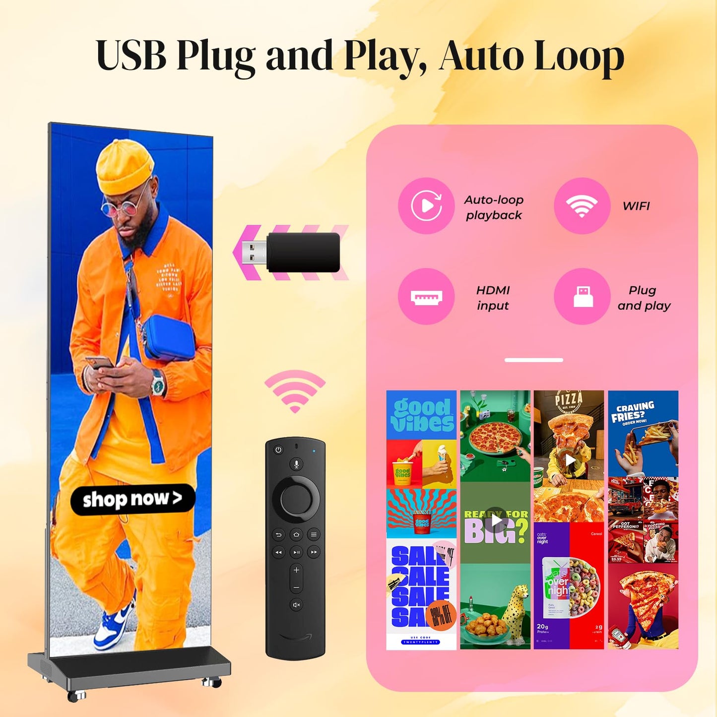 YCKJNB 80″ P1.86 LED Screen Spliceable Flexible Digital Signage Display, Mobile Phone&Computer Software Remote Release, USB Plug-and-Play Full Poster Screen LED Digital Signage Display Black 2-Pack