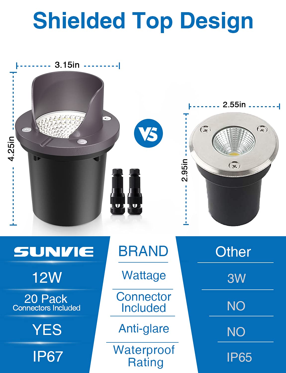 SUNVIE 12W Landscape LED Well Lights, Waterproof, 12V-24V, Aluminum, White, Model MDWL12B02C, 2 Pack with Connectors