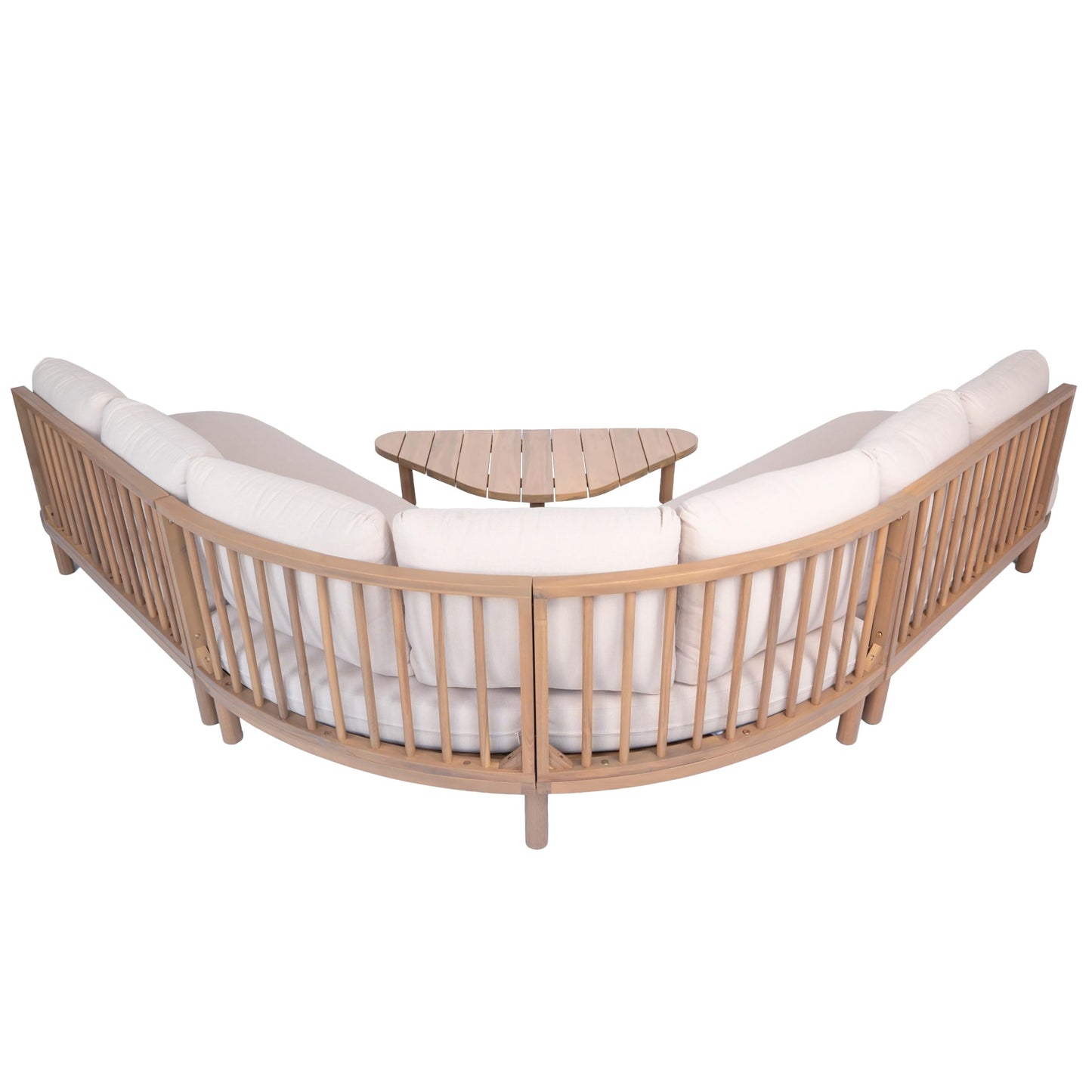 Merax 5 Piece Patio Acacia Wood Curved Sectional Sofa Set, Outdoor Half- Moon Sofa Couch with Waterproof Cushions, 1 Coffee Table for Garden, Lawn, Backyard, Poolside, Beige+Brown