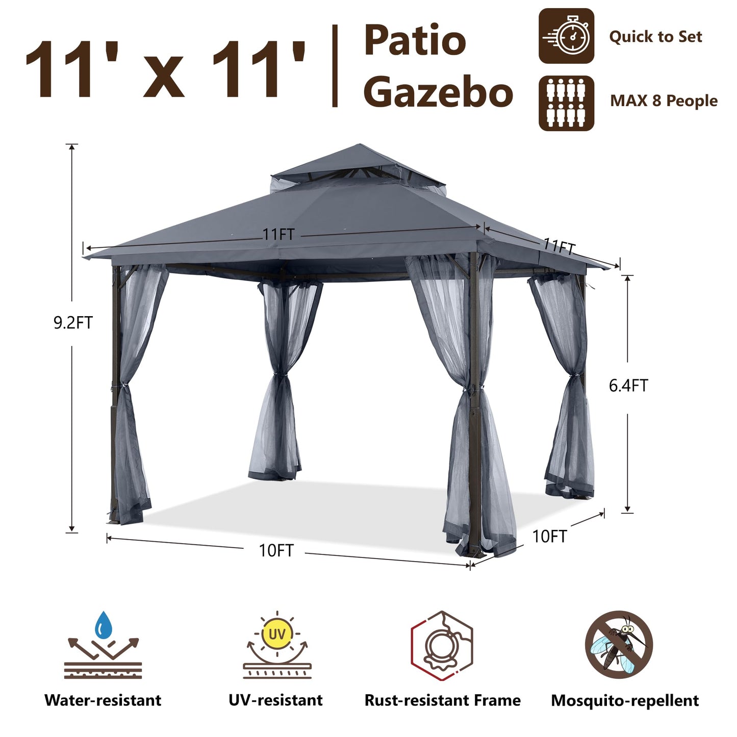 MASTERCANOPY Outdoor Patio Gazebo with Double Roofs, Stable Steel Frame and Mosquito Netting (11x11,Dark Gray)