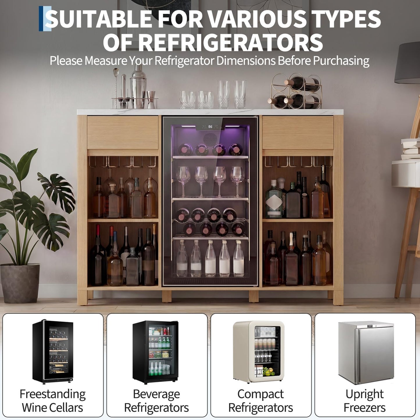 Garvee 53" Fluted Coffee Bar with Mini Fridge Space & Charging Station, Fits 19.7" Mini Fridge, Fridge Cabinet with Wine Storage, Buffet Sideboard with Wine Rack and Storage for Dining Room, Oak
