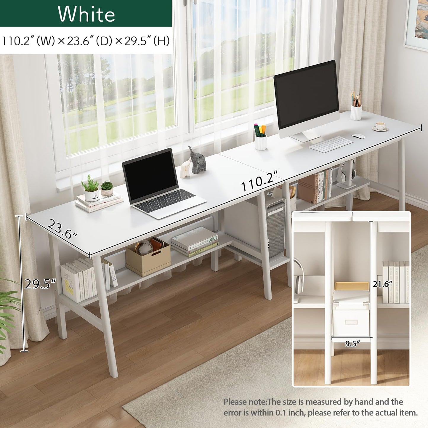 NELYE 2-Person Writing Desk with Bookshelf - 110" Wooden Extra Long Home Office Work Table, Double Study Computer Workstation with Storage Shelves in White, 110" W x 24" D