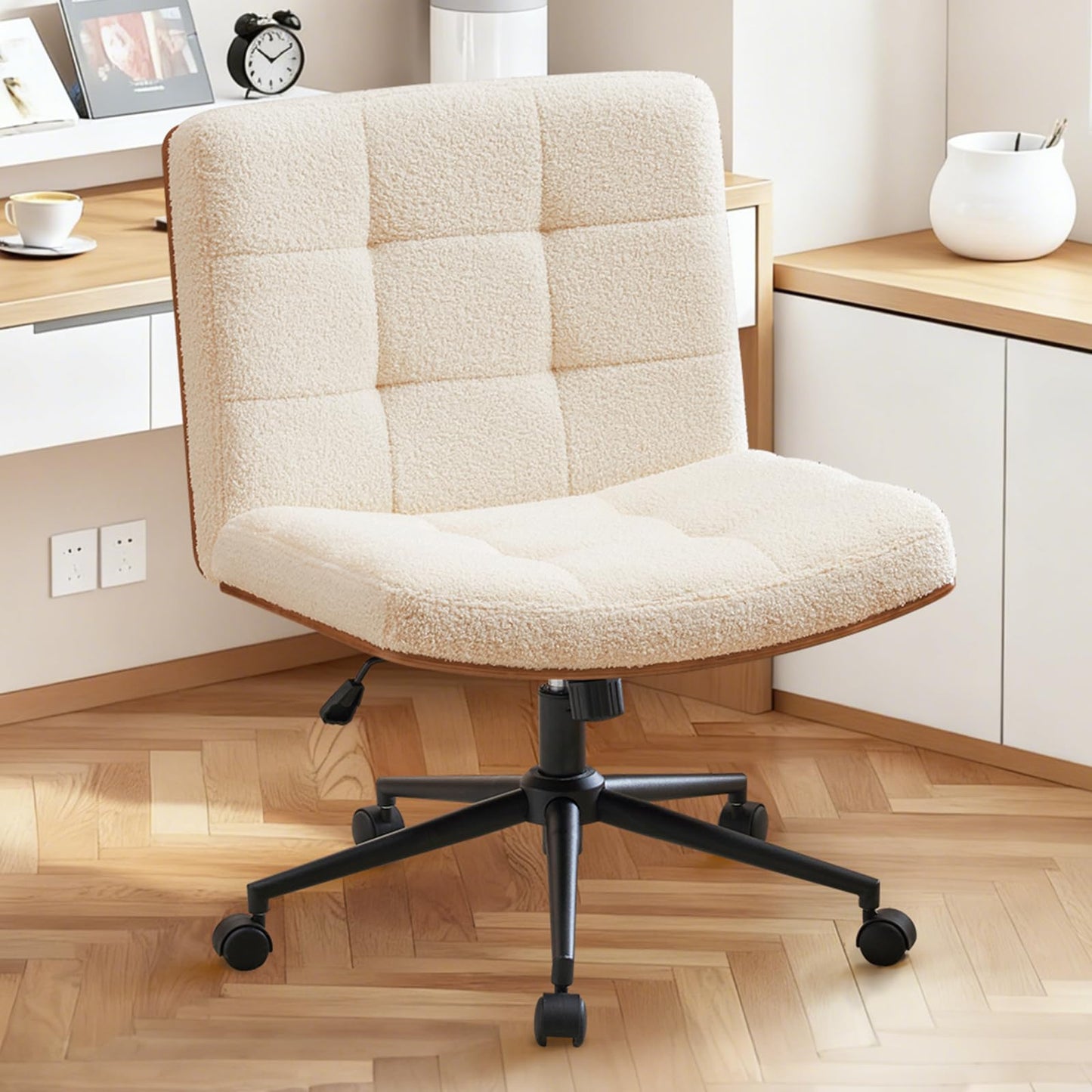 Furnimart Heavy-Duty FSC Wooden Wide Desk Chair, 360° Swivel Criss Cross Office Chair with Wheels, Comfy Cross Legged Sitting, Armless Rolling Chair for Bedroom, Office, Vanity (Faux Fur White)