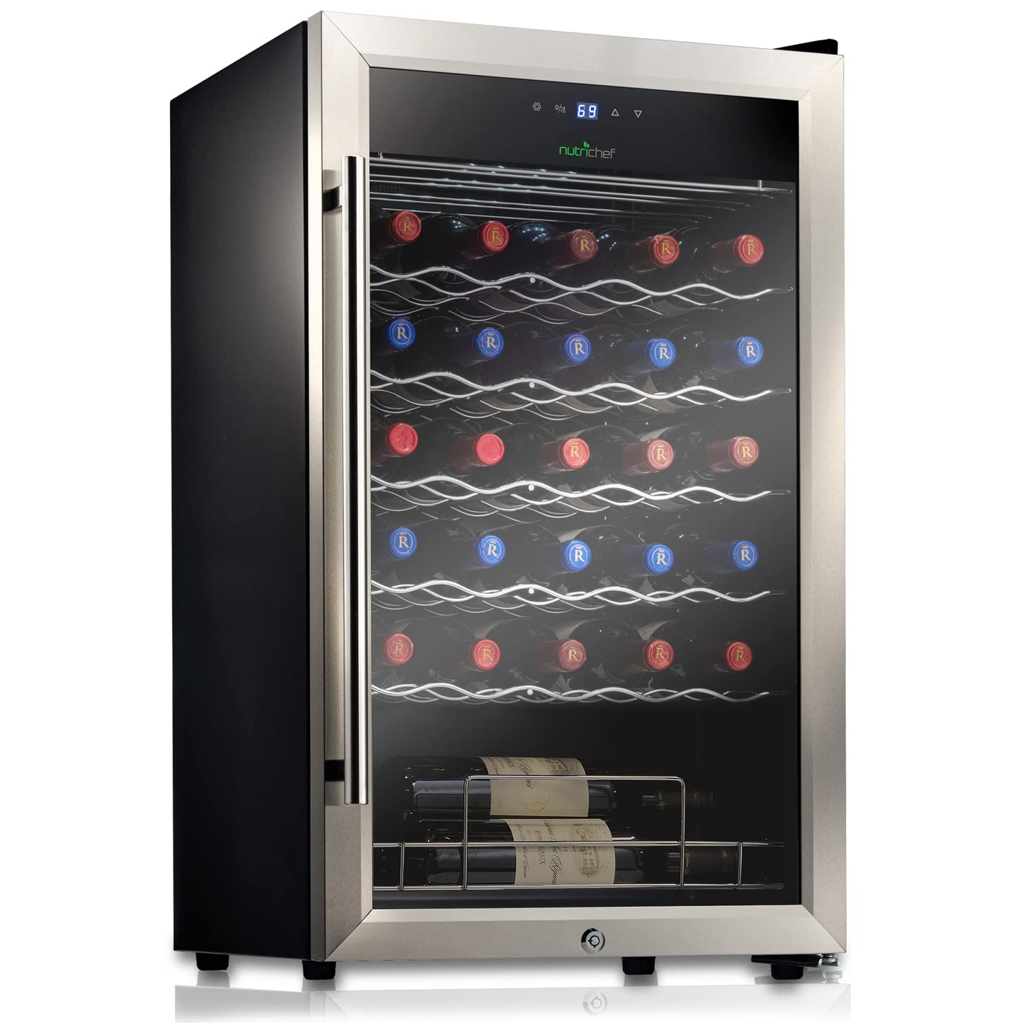 Nutrichef 34 Bottle Wine Fridge | Single Zone Wine Chiller for Chilled Wines | Adjustable Temperature 41F - 64 F | Ultra Quiet Operation | Wine Cooler for Home & Office | 33x19x17 IN | Stainless Steel