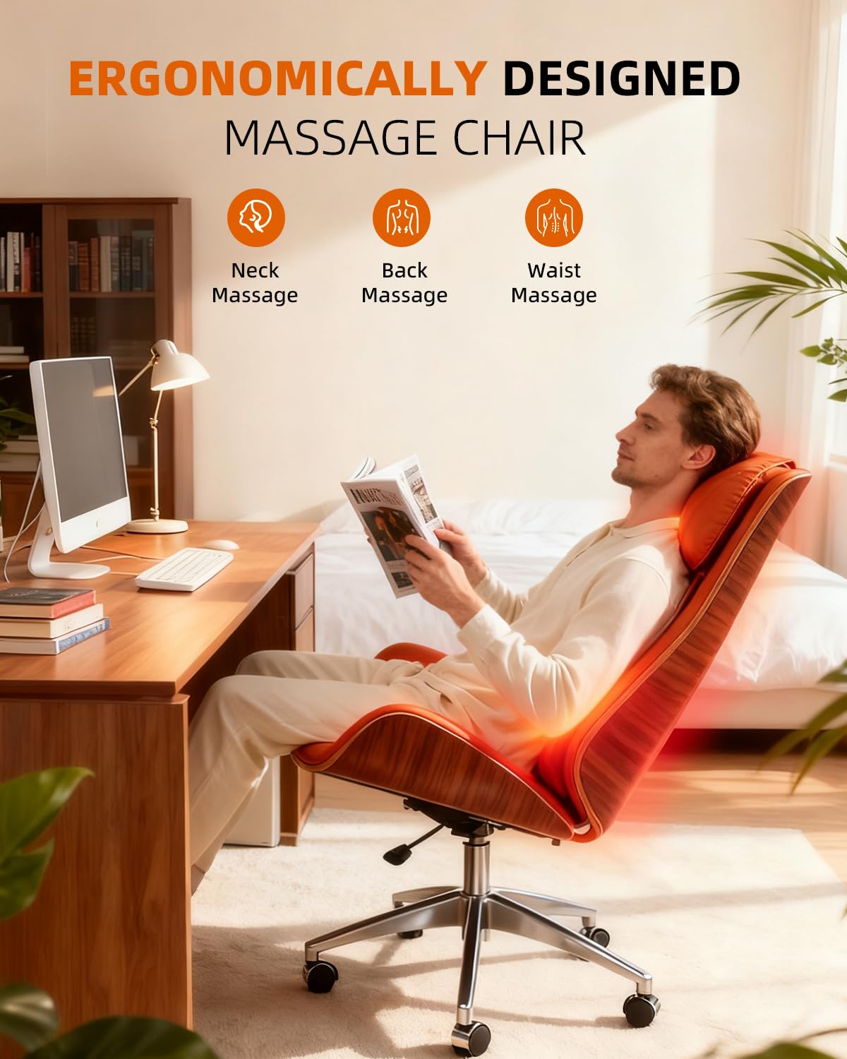 Executive Massage Office Chair Ergonomic Luxury Desk Chair with Handcrafted Wood Veneer 6-Point Vibration for Sciatica Relief 135° Recline, Big and Tall Support for Home & Workspace (Orange)